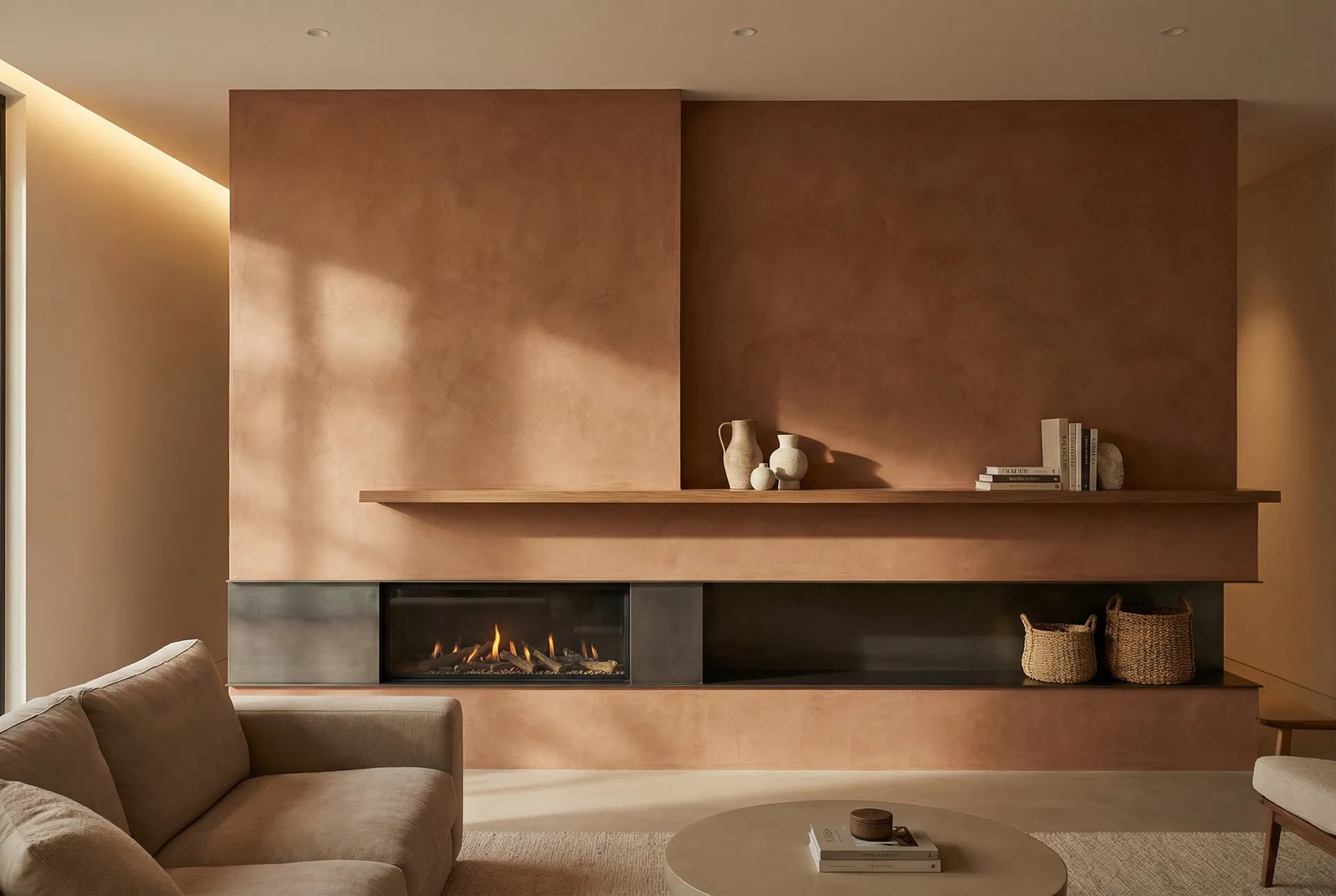 Terracotta microcement feature wall with fireplace Gold Coast