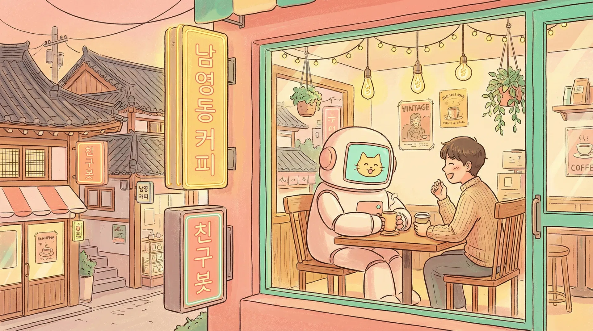 AI 로봇과 사람이 남영동 카페에서 만나는 따뜻한 장면