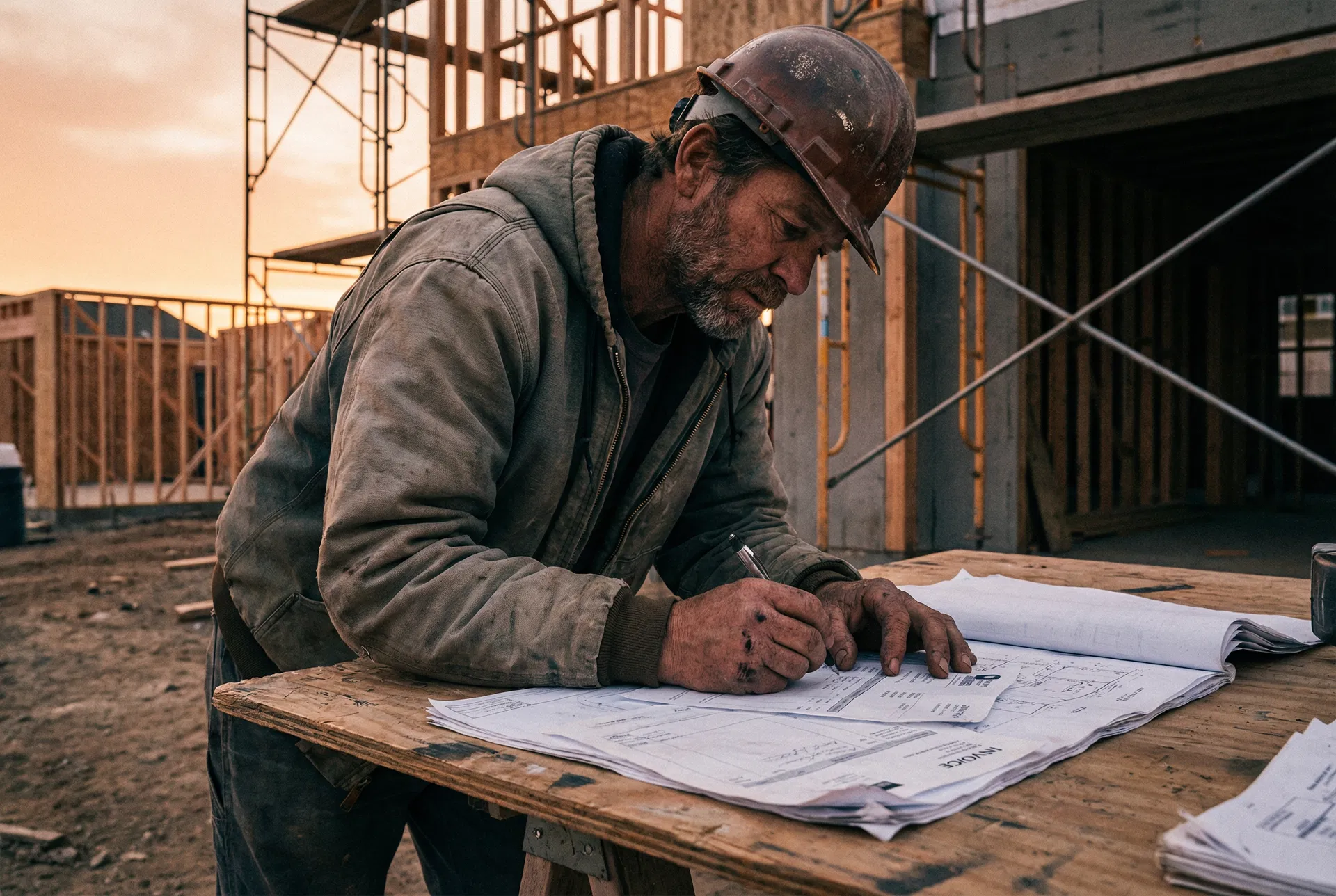 Contractor reviewing paperwork on job site