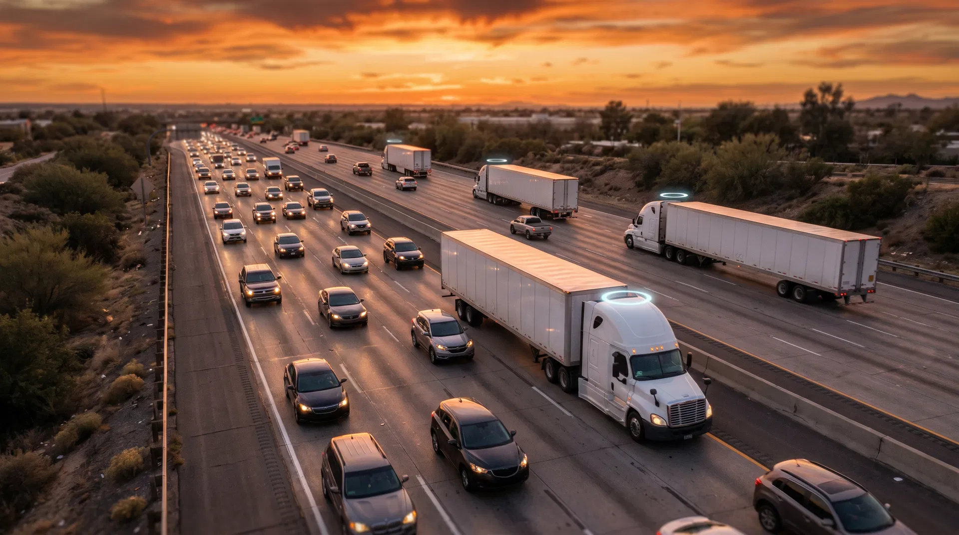 Fleet of trucks on highway