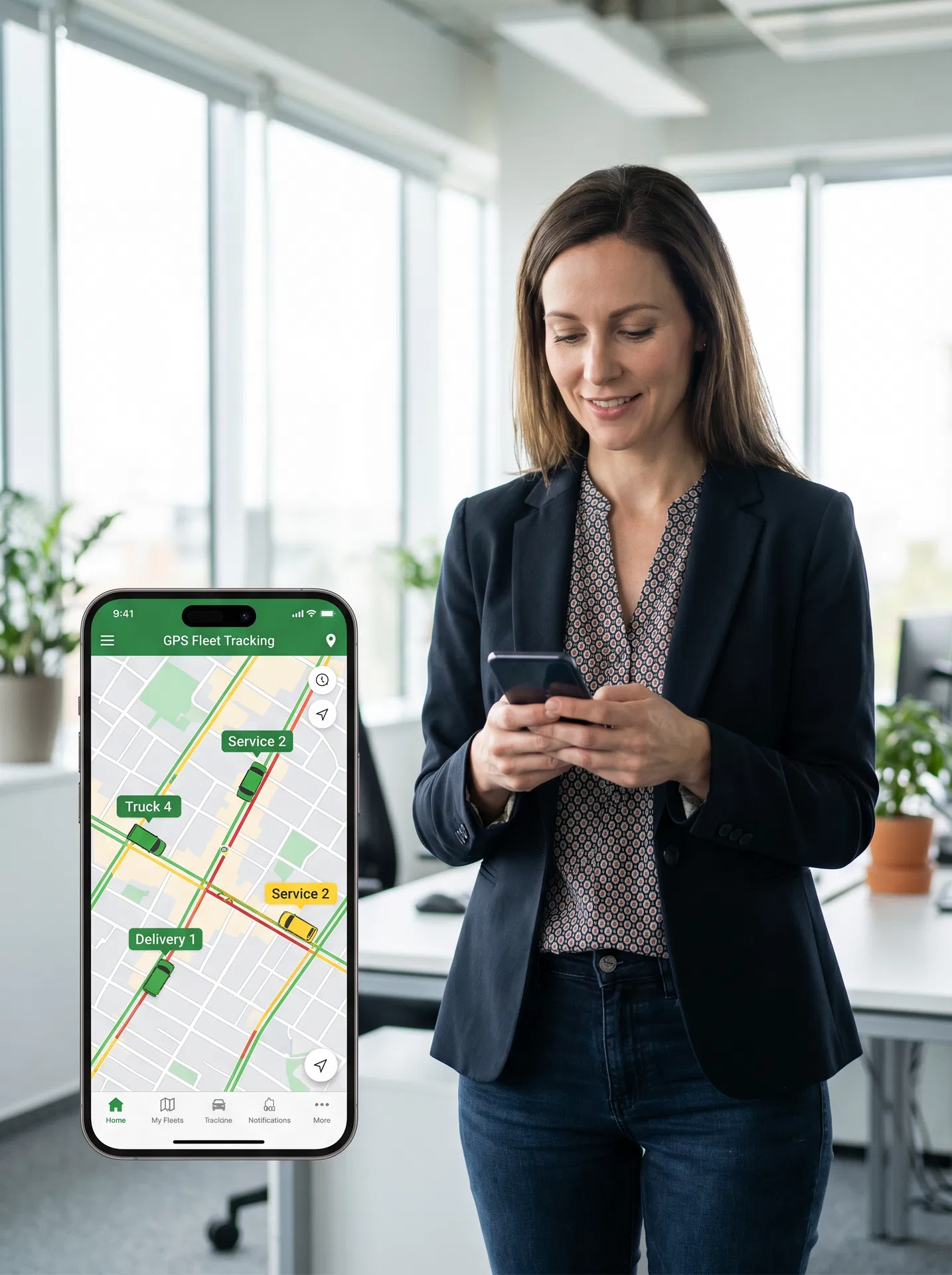Fleet manager tracking vehicles on phone using US Fleet Tracking app