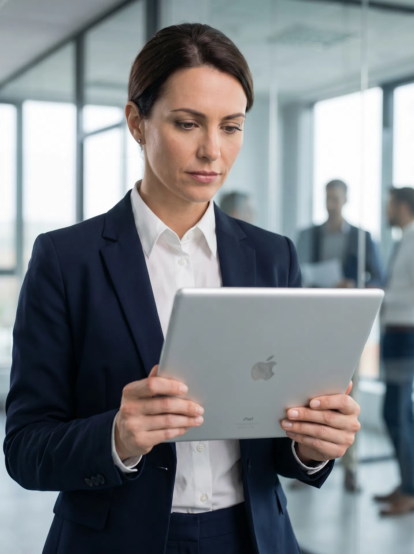 Business owner reviewing fleet tracking dashboard on tablet at office