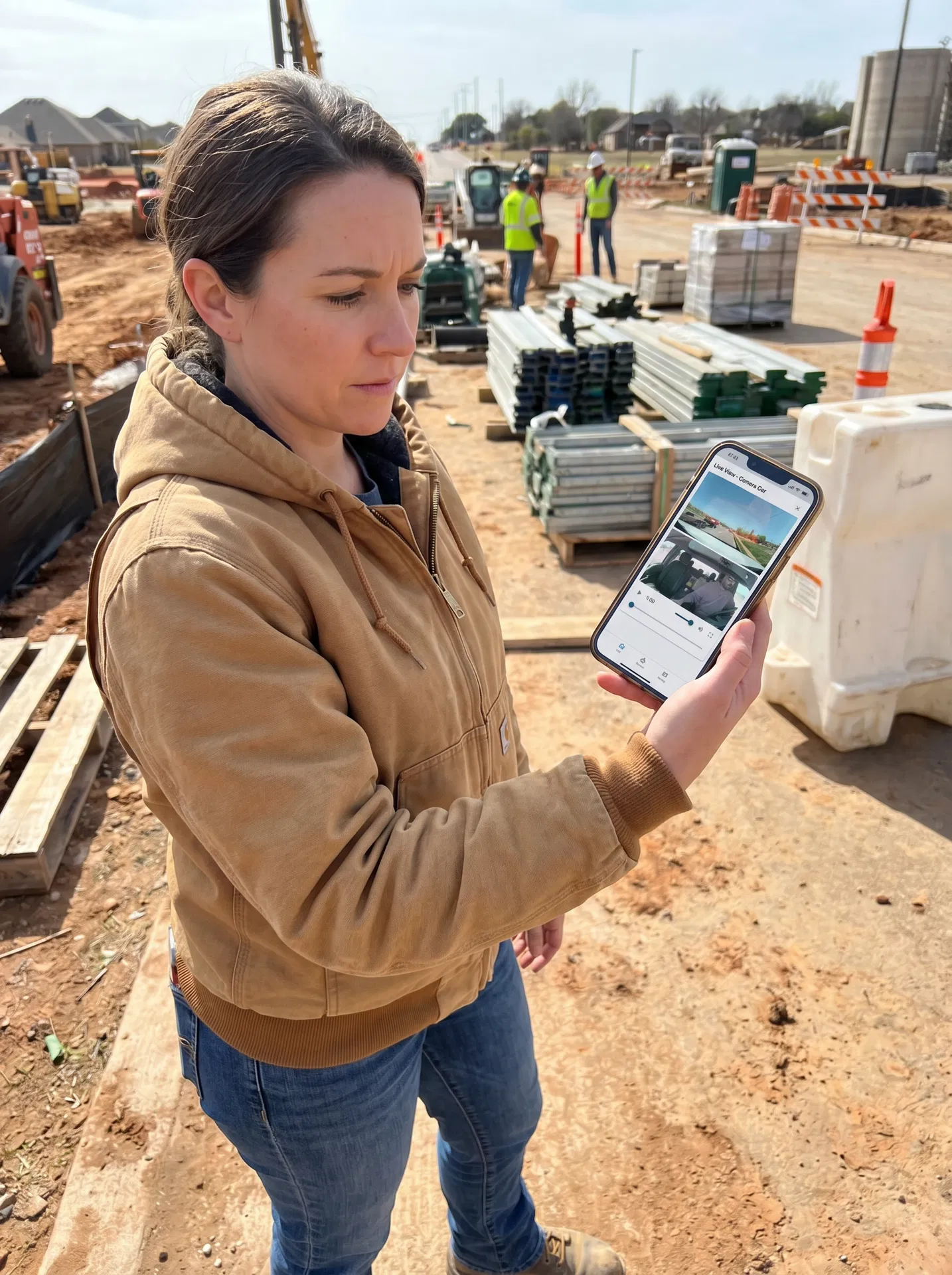 Fleet owner checking live camera feed from truck on phone at job site