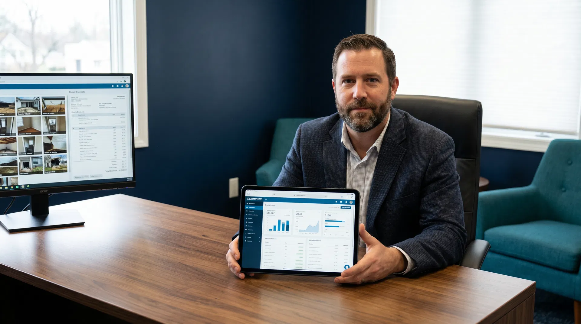 Public adjuster using claim management software on tablet at inspection