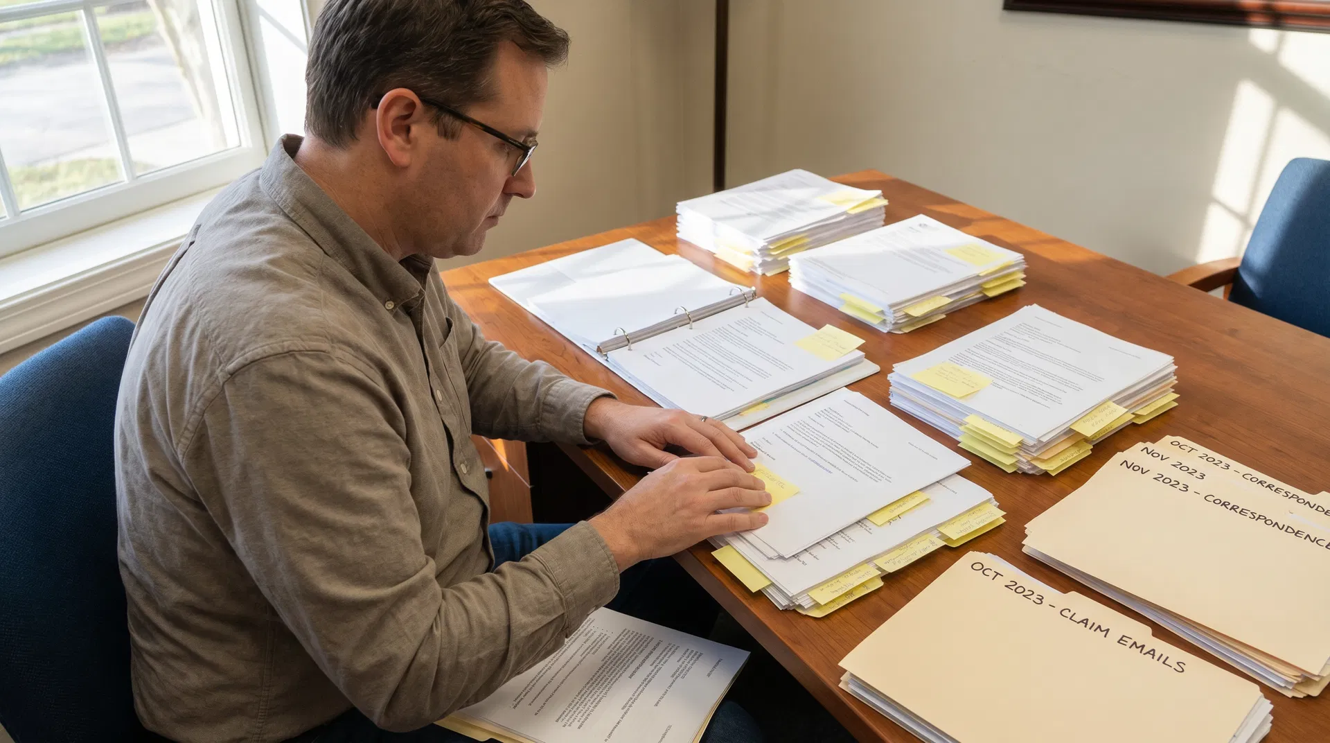 Public adjuster building a chronological claim timeline for insurance commissioner submission