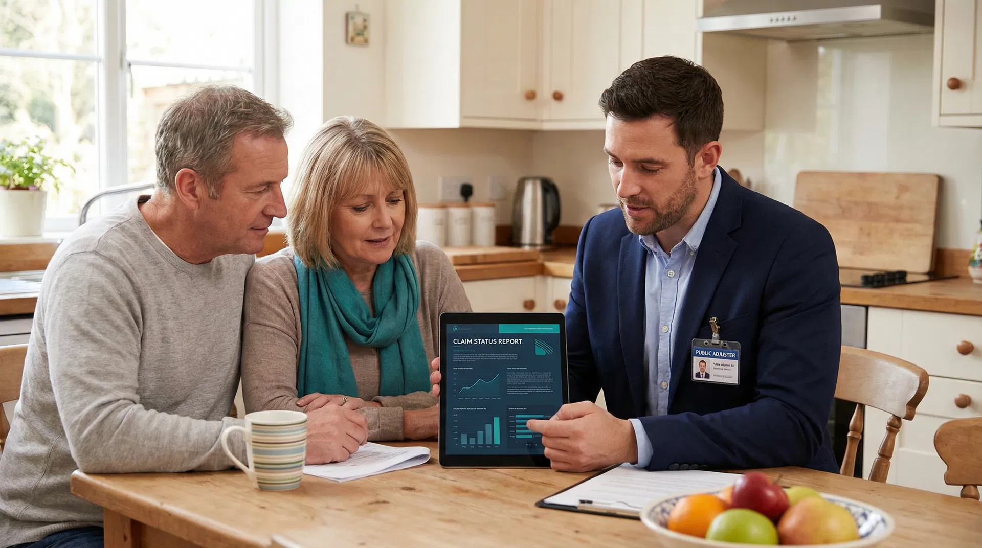 Public adjuster meeting with homeowner clients to review claim status