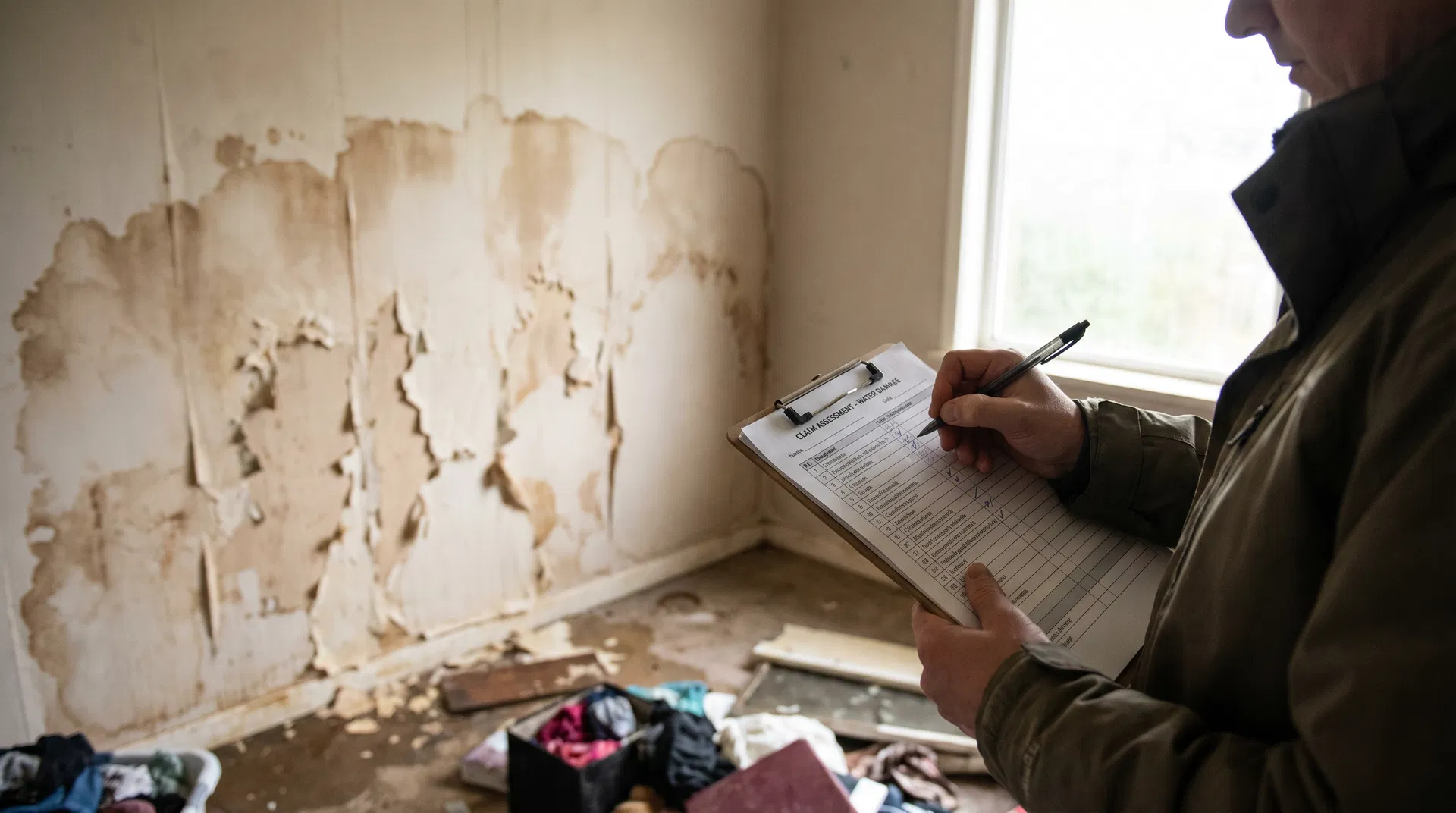 Public adjuster with clipboard documenting property damage for insurance claim