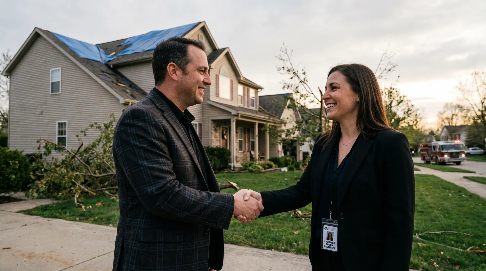 Homeowner shaking hands with a licensed public adjuster outside a storm-damaged house