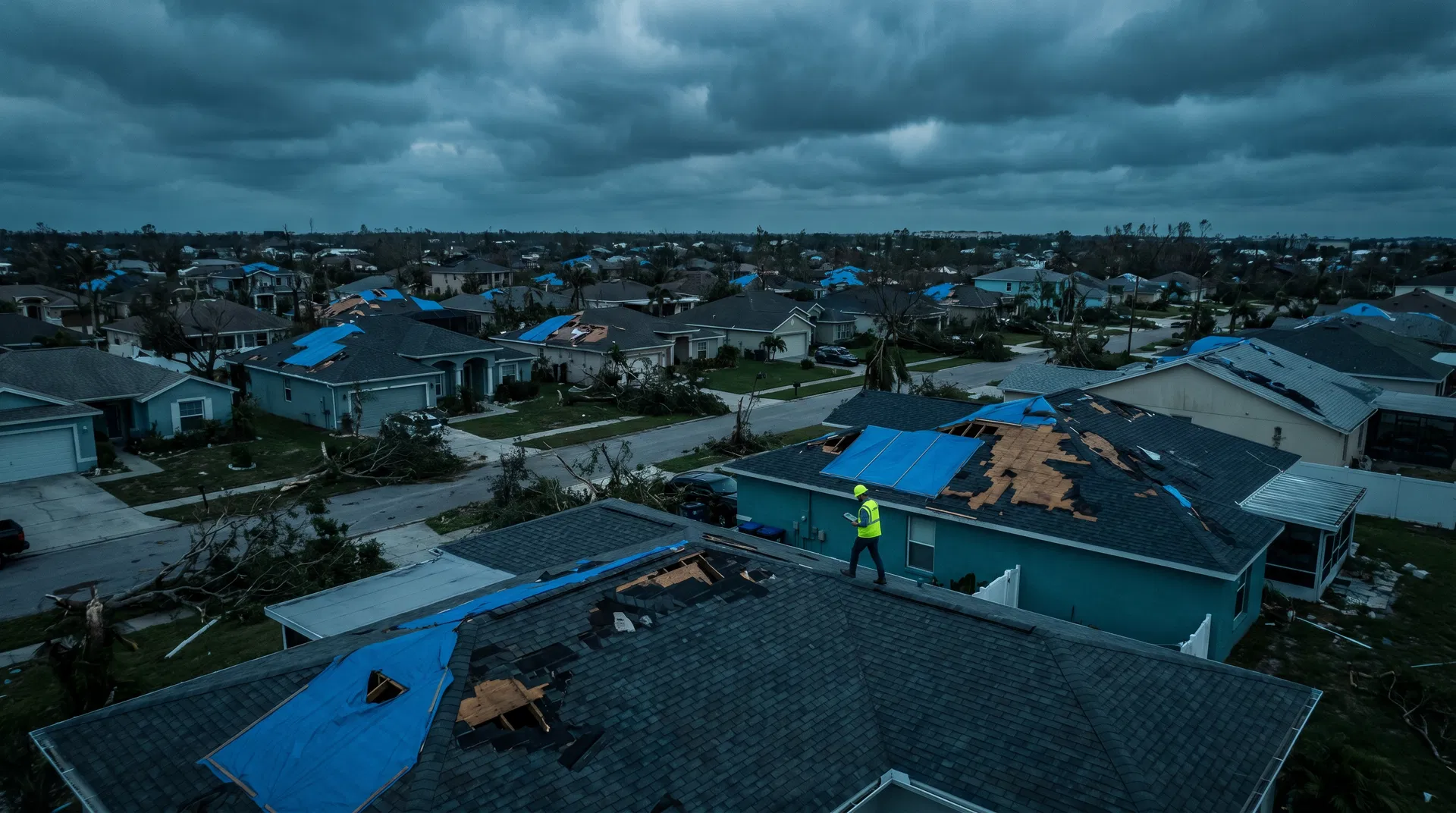 Aerial view of hurricane roof damage being inspected by public adjuster