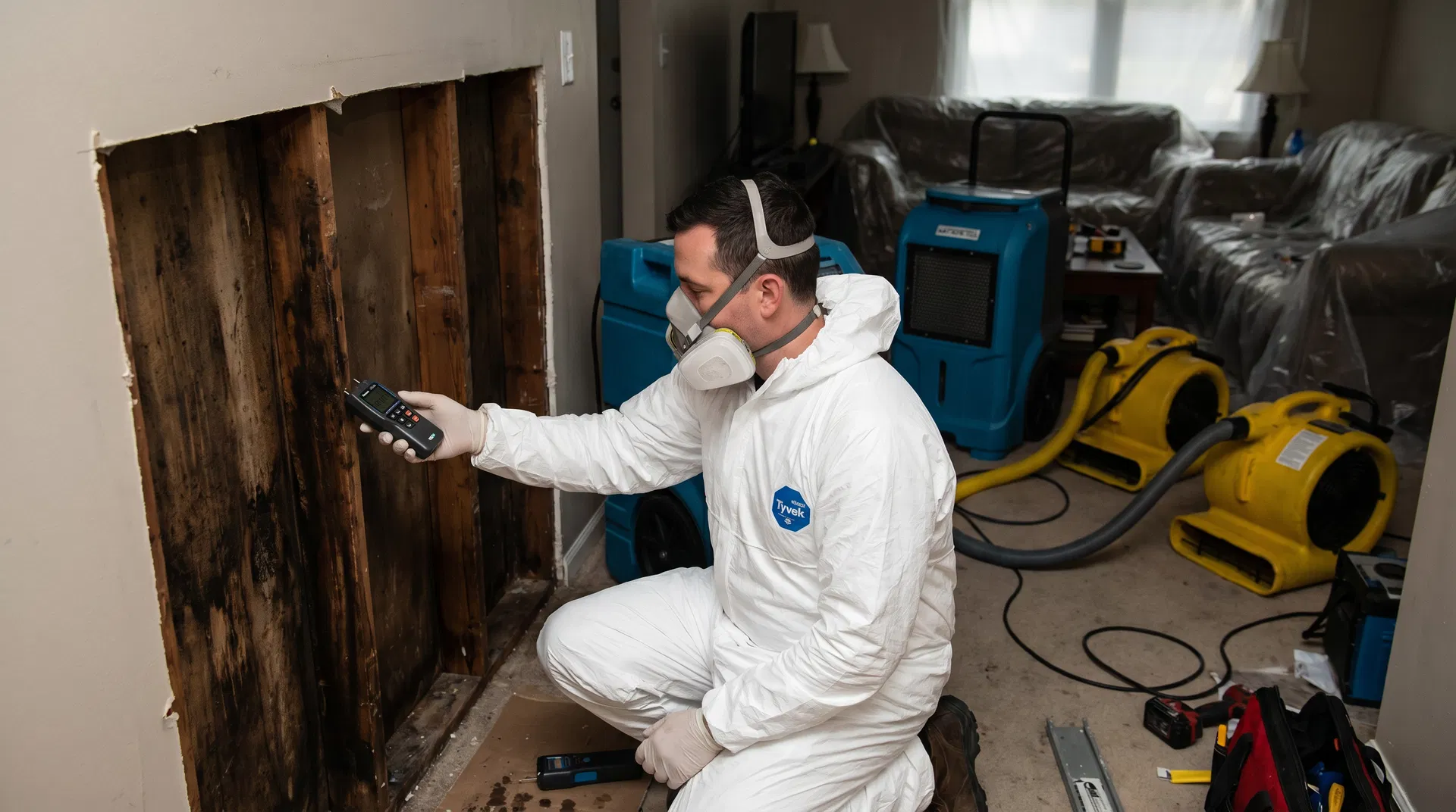Public adjuster reviewing IICRC mitigation documentation at a water-damaged property