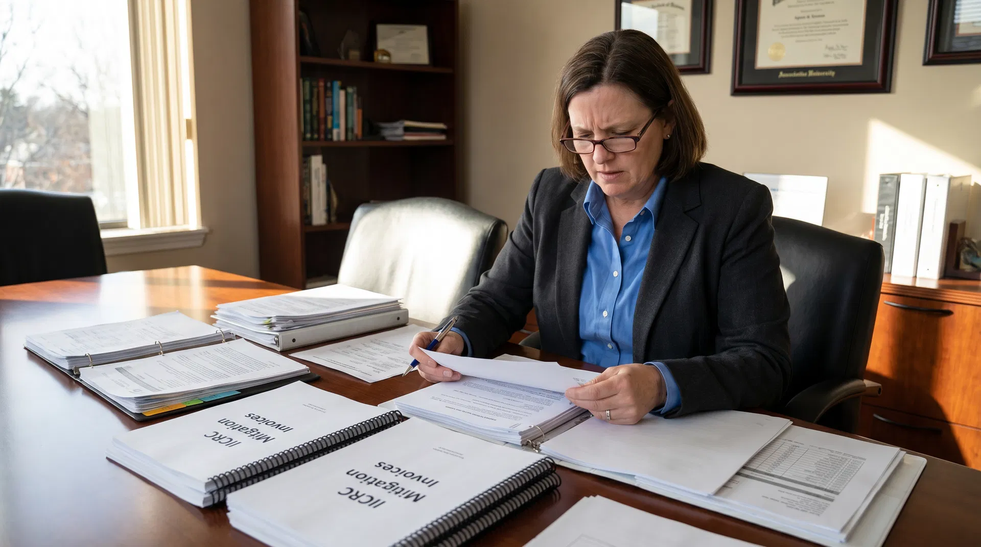 Public adjuster reviewing IICRC mitigation documentation at a water-damaged property