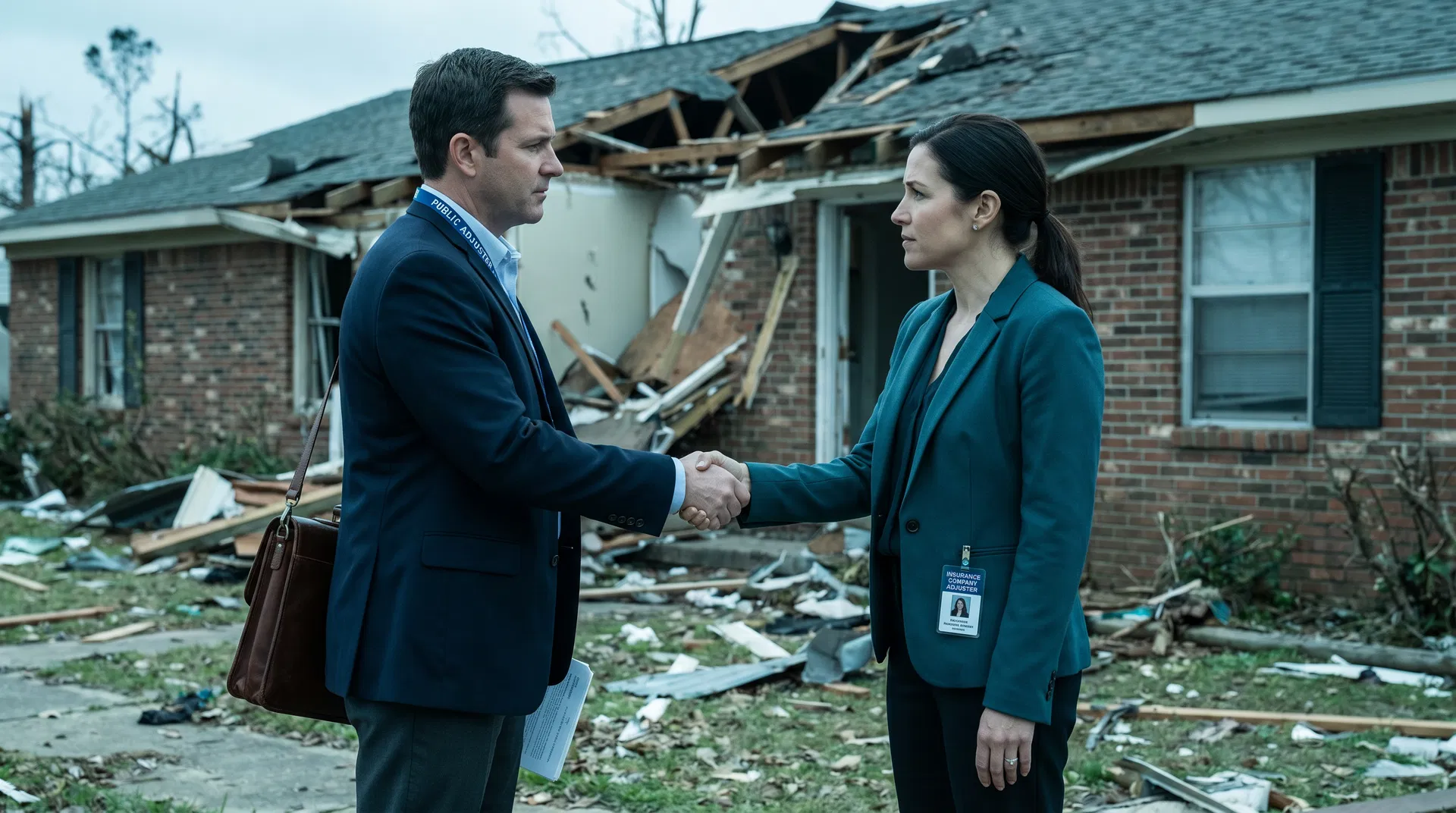 Public adjuster inspecting roof damage at a residential property