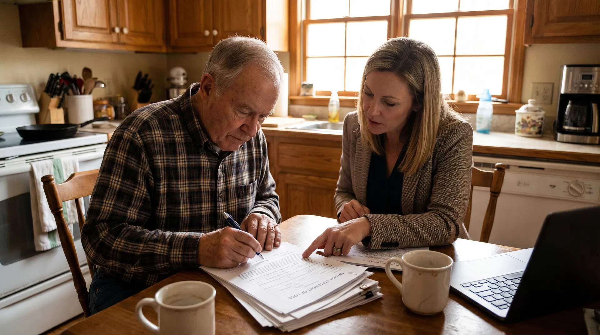Public adjuster reviewing a proof of loss sworn statement document