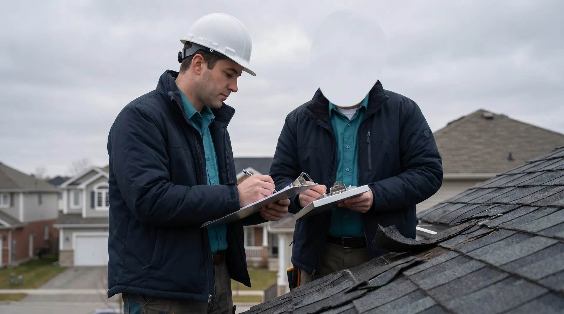 Public adjuster writing a scope of loss report at a damaged property