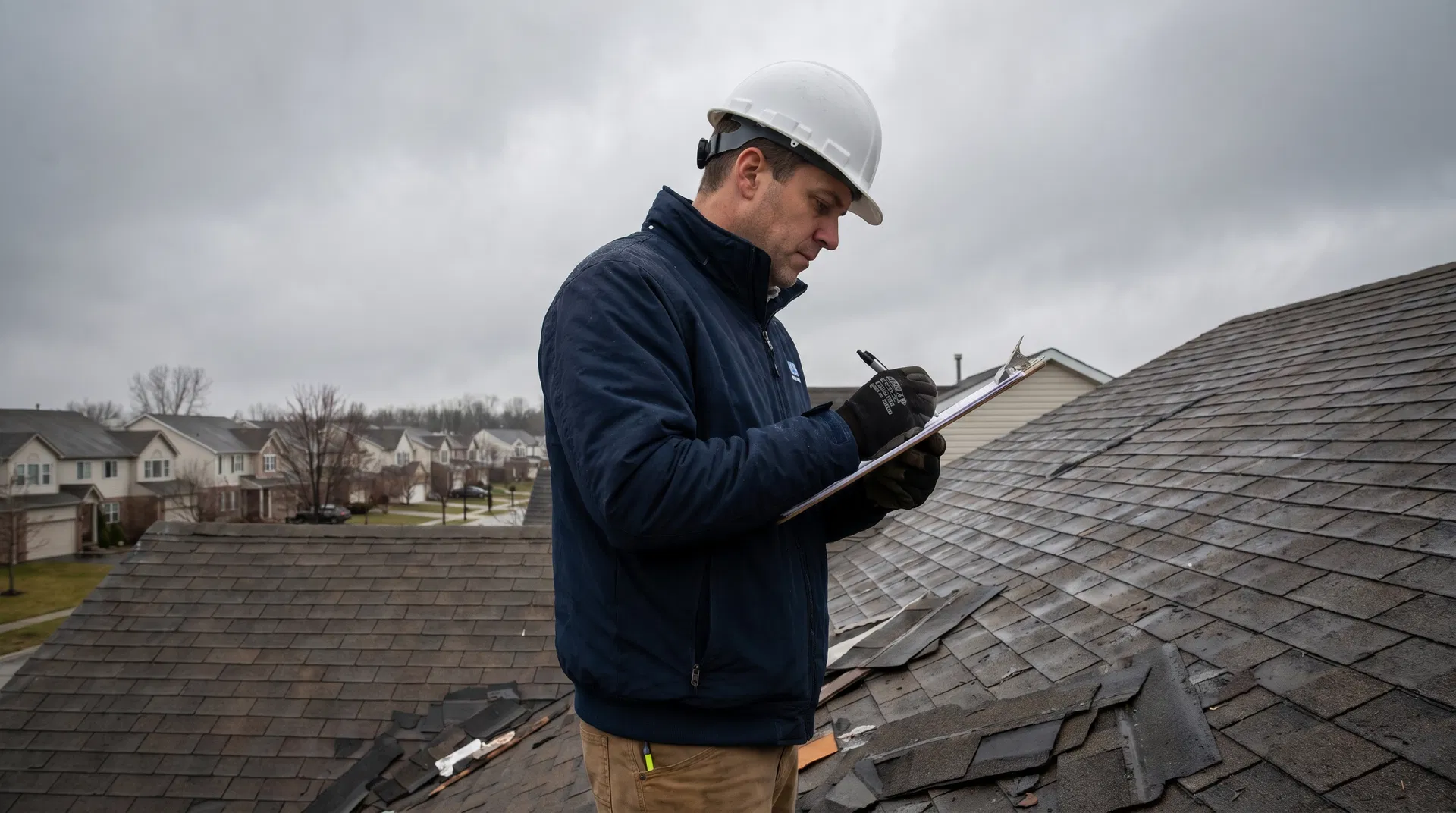 Public adjuster writing a scope of loss report at a damaged property