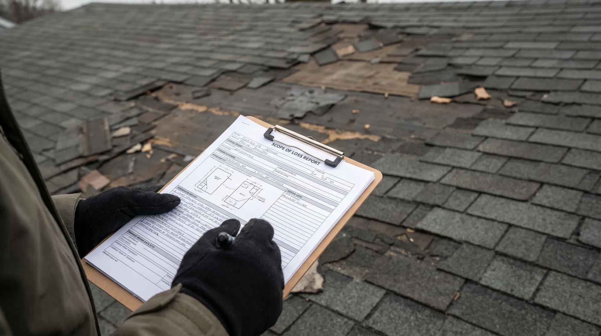 Public adjuster reviewing a scope of loss report template on a clipboard at a damaged property
