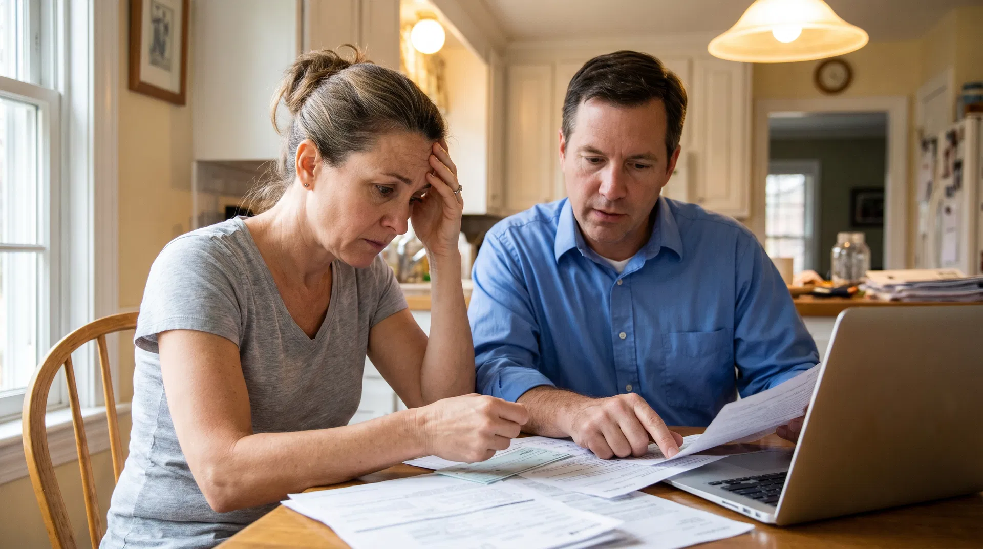 Homeowner reviewing a low insurance settlement offer with a public adjuster at a kitchen table