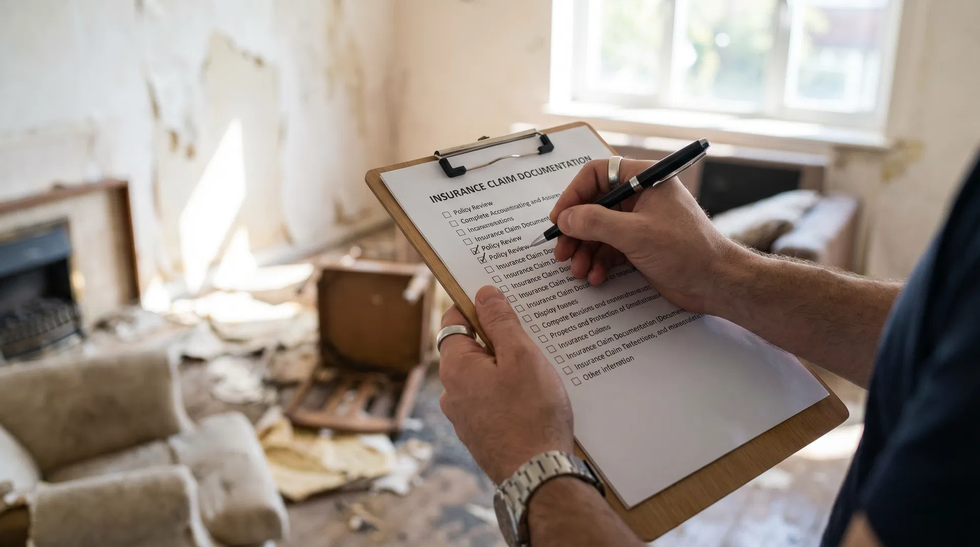 Public adjuster reviewing an insurance claim document checklist at a property
