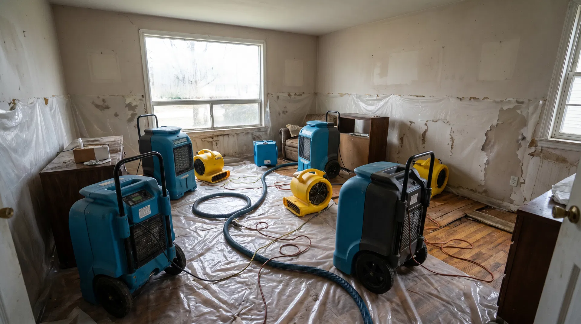 Public adjuster reviewing IICRC mitigation documentation at a water-damaged property