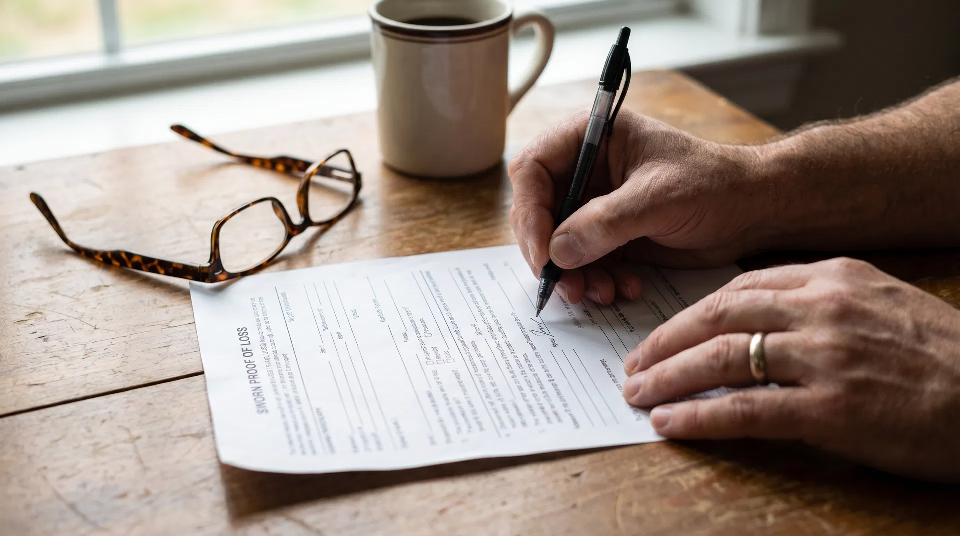 Public adjuster completing a proof of loss form for an insurance claim