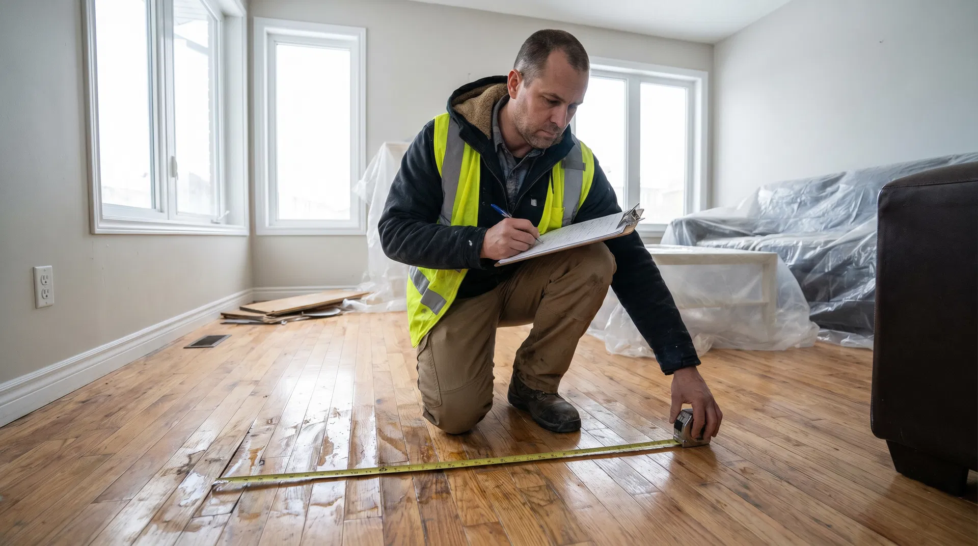 Public adjuster reviewing a scope of loss report at a damaged property