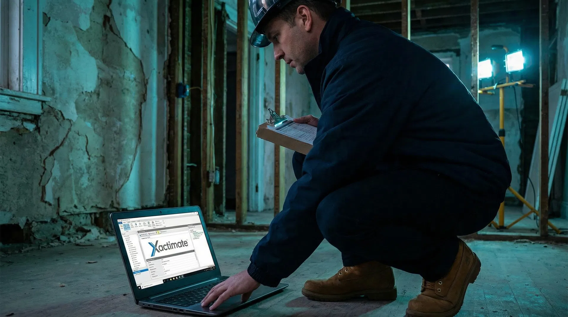 Xactimate estimate on laptop screen at a property damage inspection