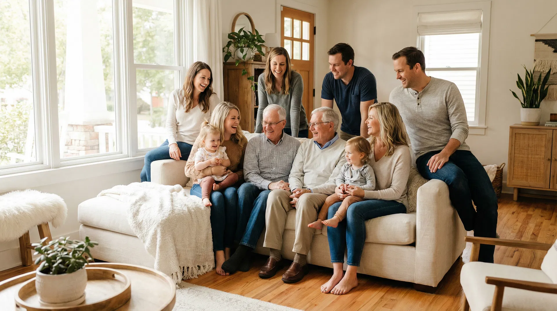 Multigenerational family together in a bright living room