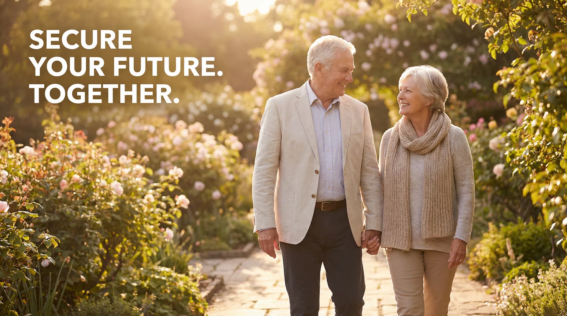 Senior couple walking together on a sunlit garden path