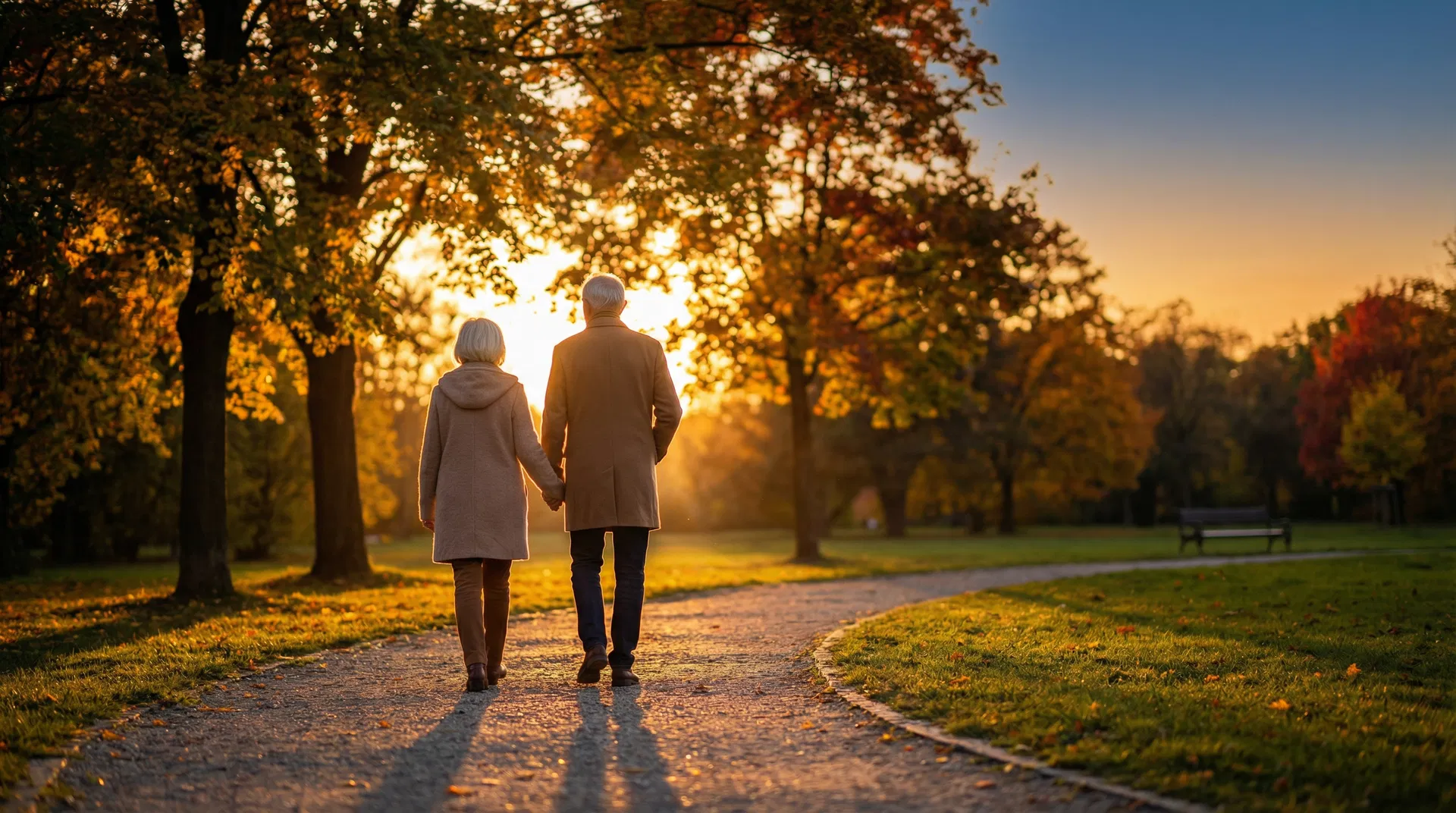 Senior couple walking on a sunlit path