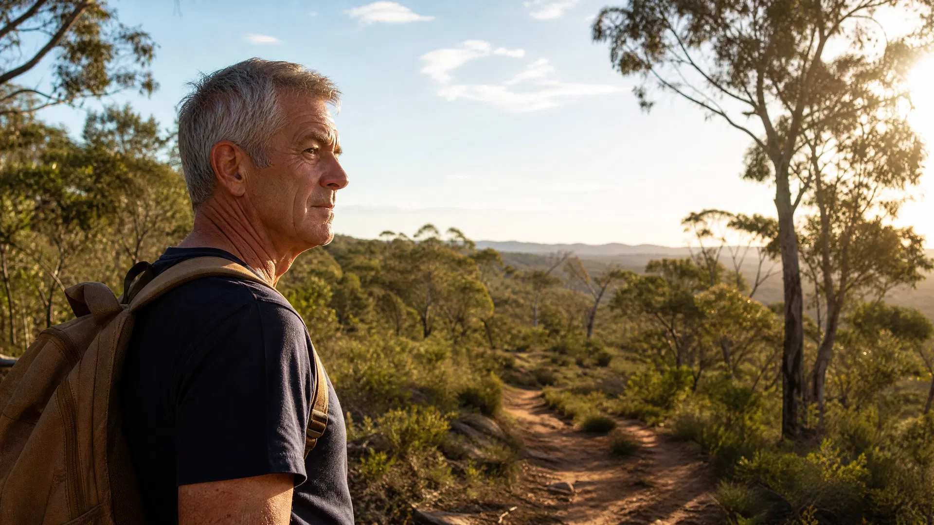 Man in his late 50s standing at a bushland trail in Australia, looking ahead thoughtfully