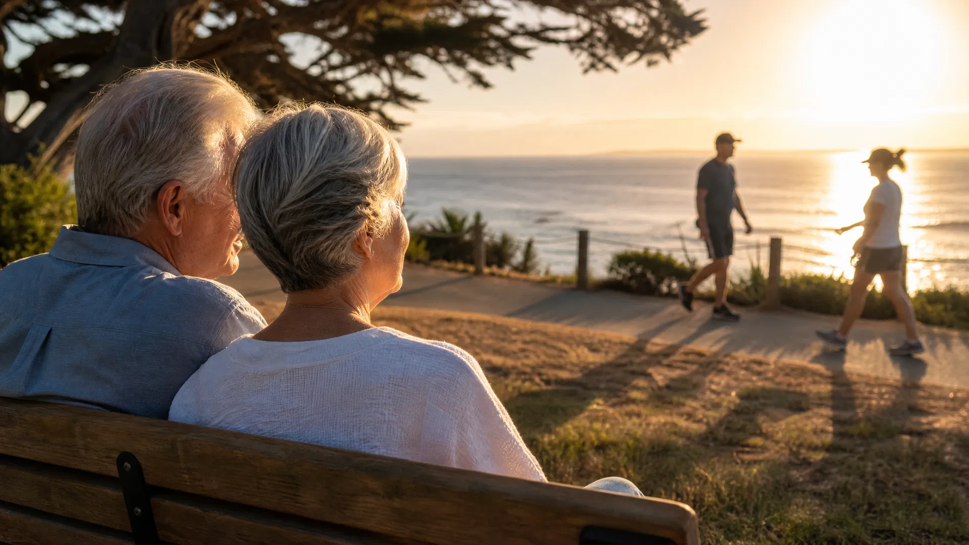 Older couple sitting on a bench watching others walk by at an Australian coastal park at sunset