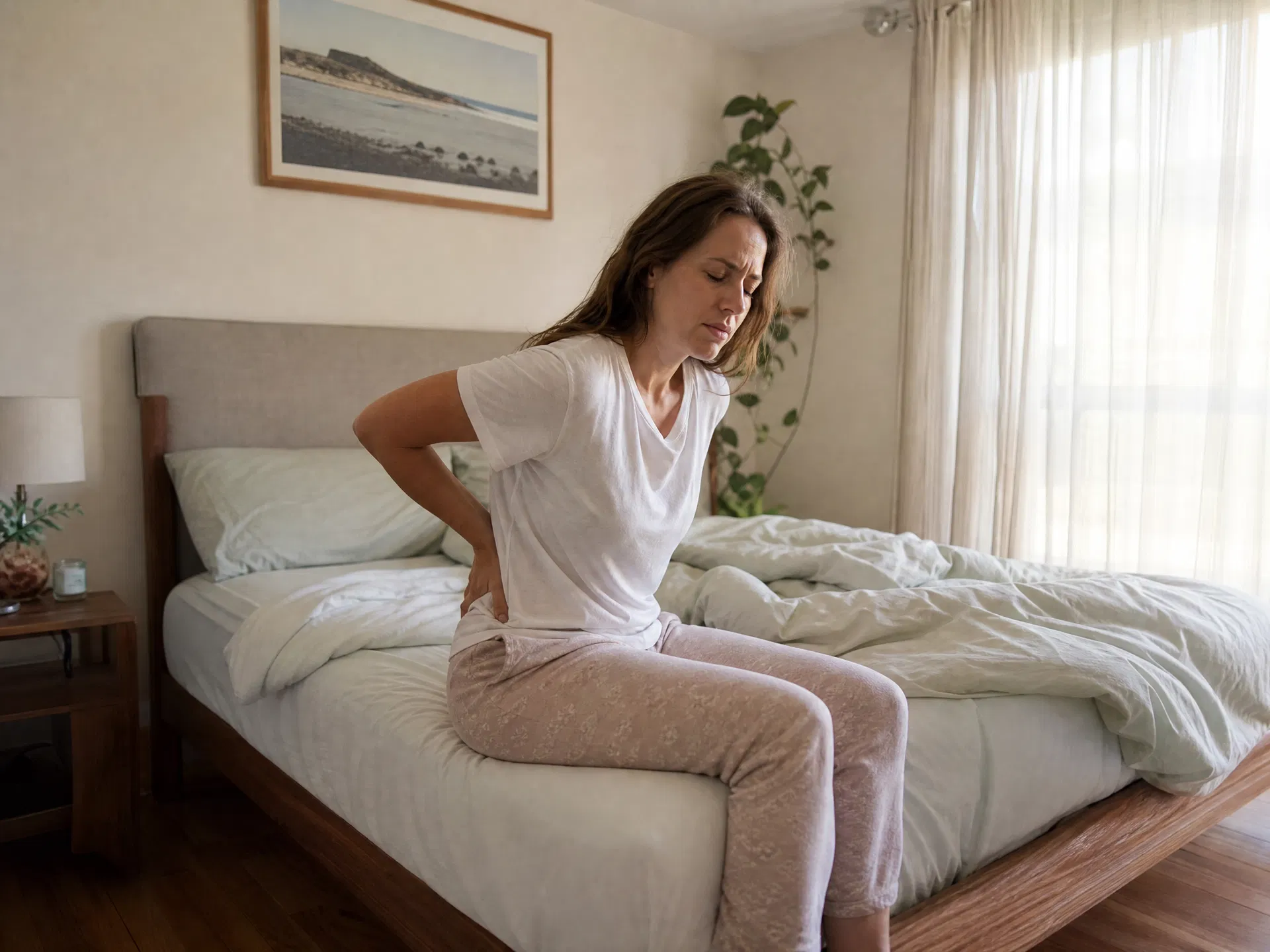 Adult moving carefully after waking with back stiffness