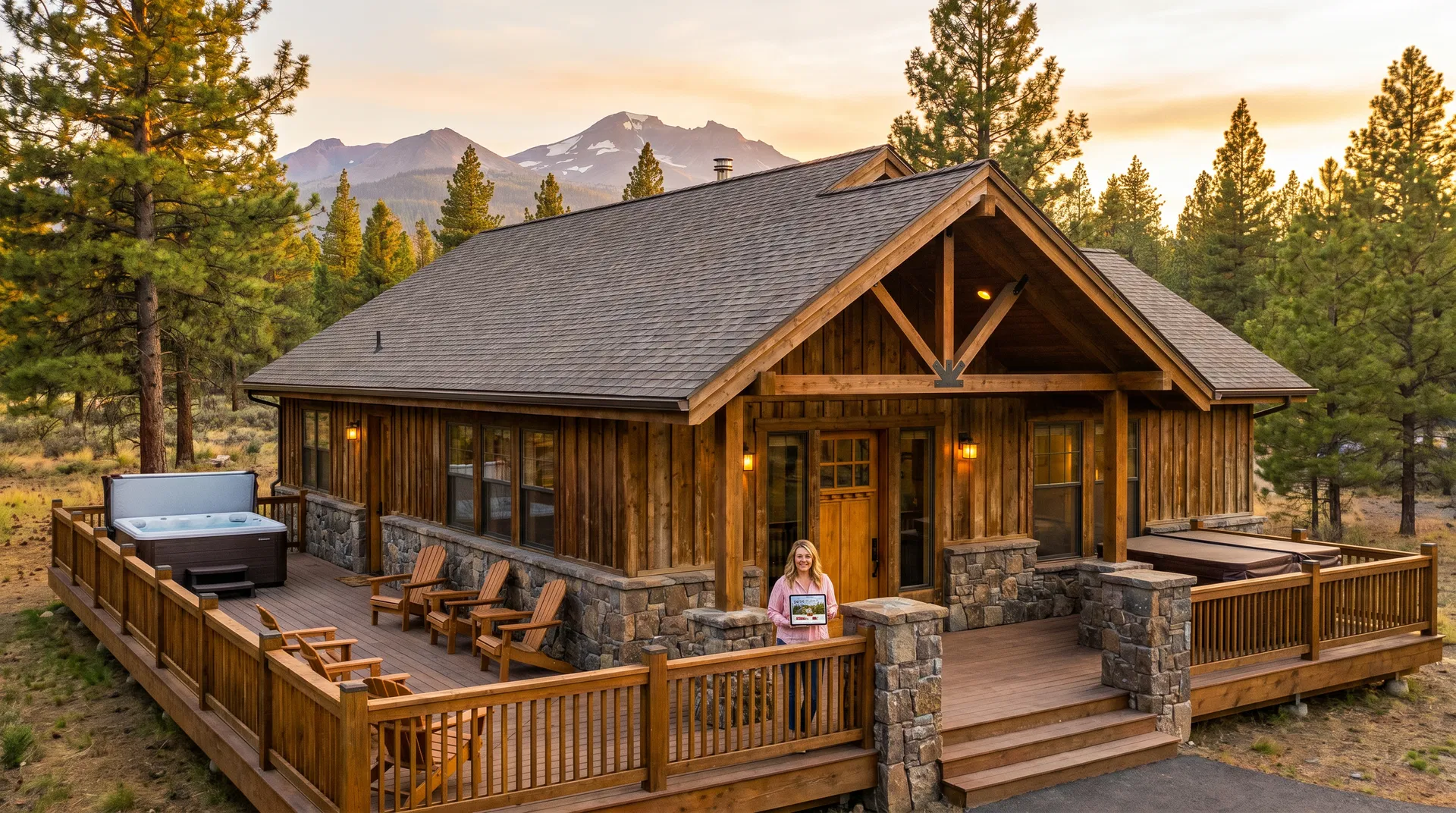 Warm Central Oregon cabin short-term rental with Cascade Mountains in the background at golden hour