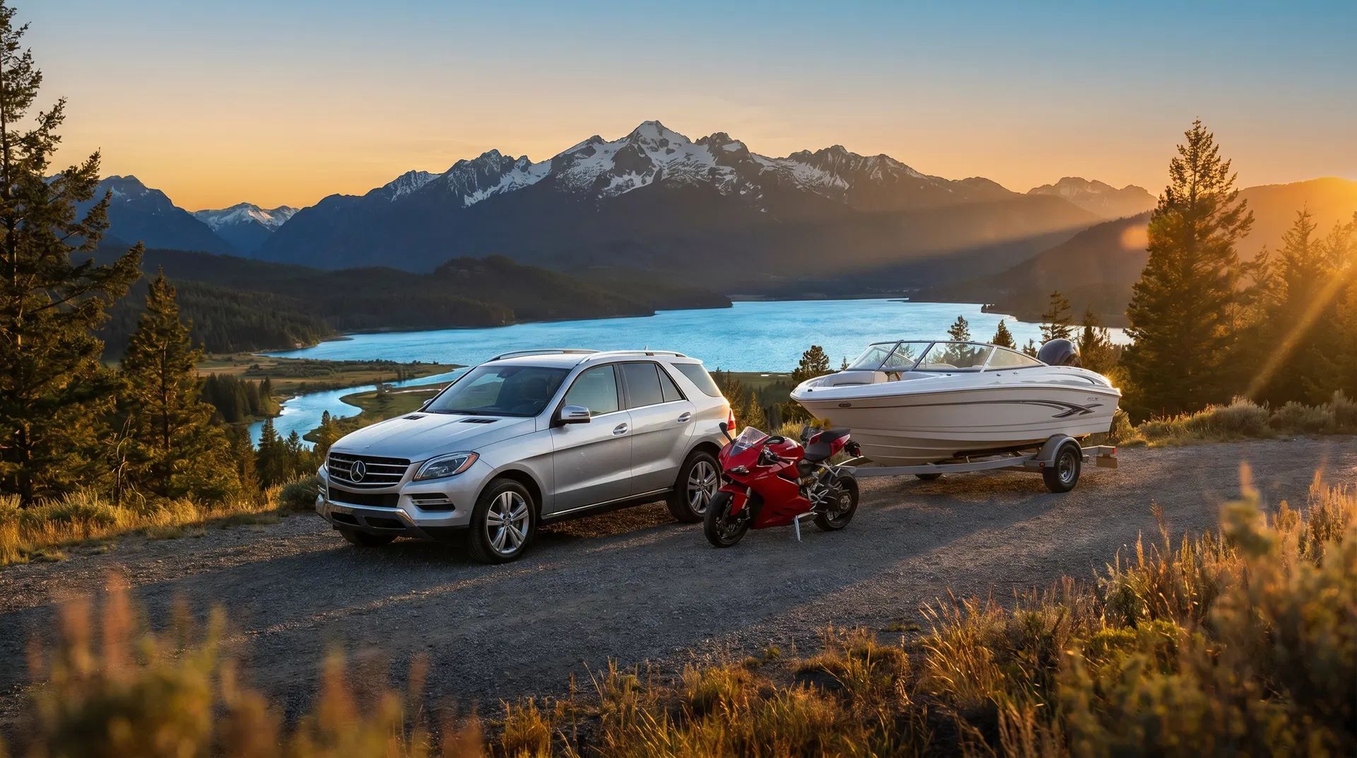 Auto, motorcycle, and boat insurance in Oregon — silver SUV, red sport motorcycle, and white boat on trailer against Oregon mountain lake at golden hour
