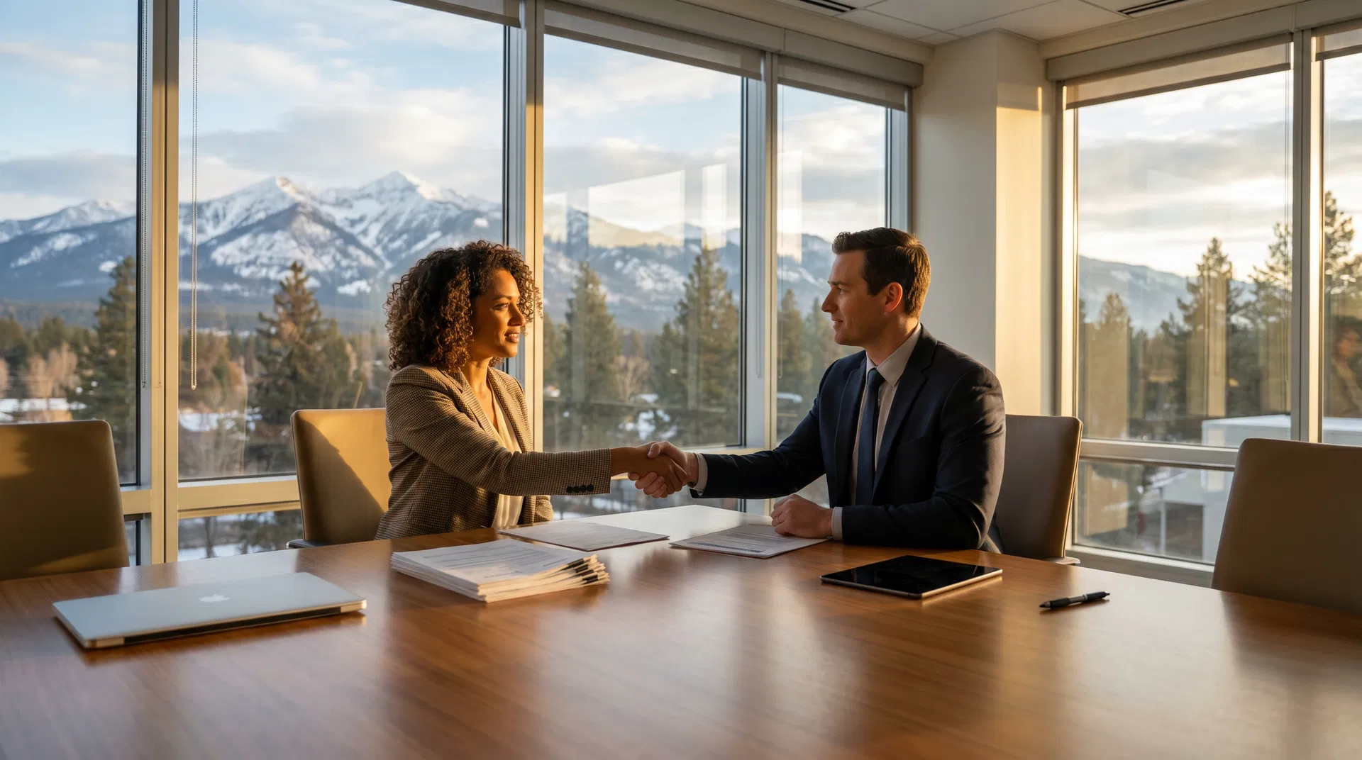 Business owner and insurance agent shaking hands in a modern Oregon office with mountain views — commercial insurance for Oregon businesses