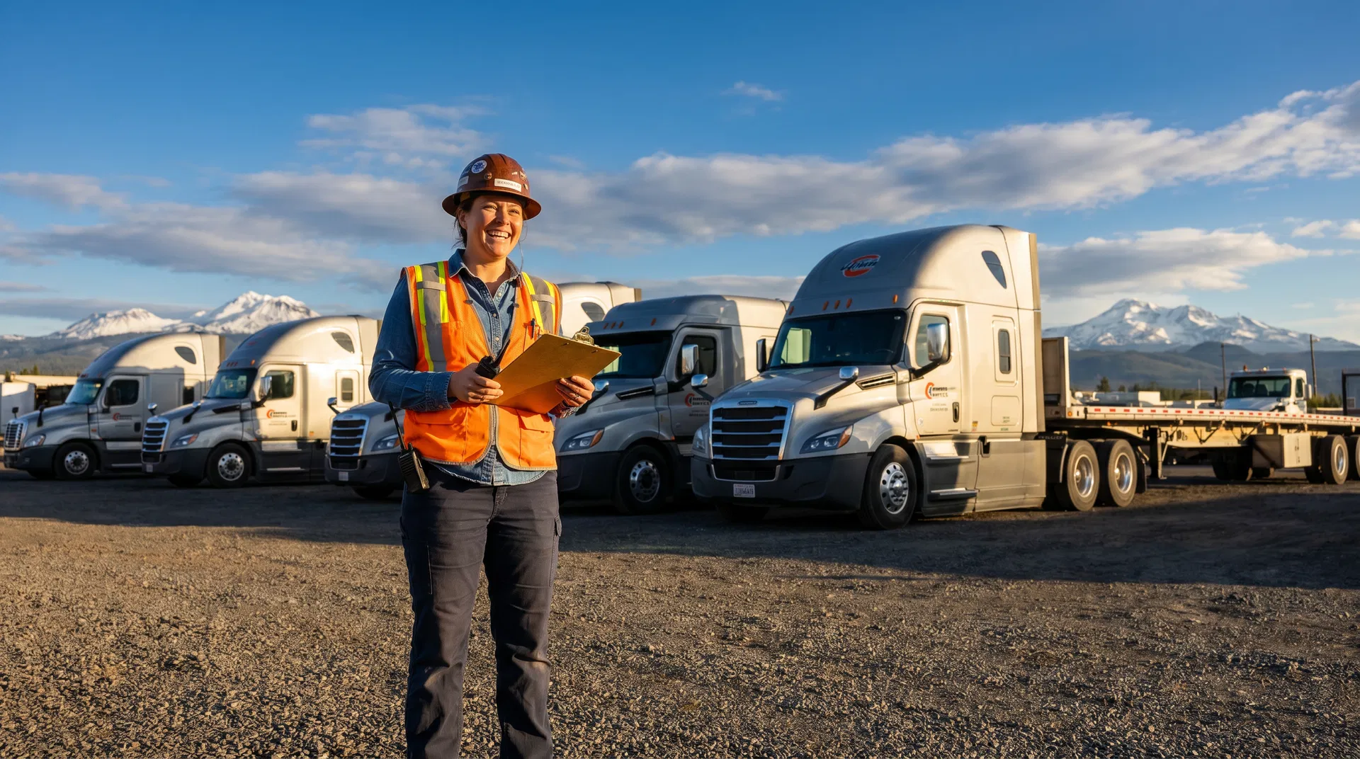 Woman fleet manager with clipboard standing in front of commercial semi-trucks with Cascade Mountains in background — Oregon commercial trucking insurance guide 2026