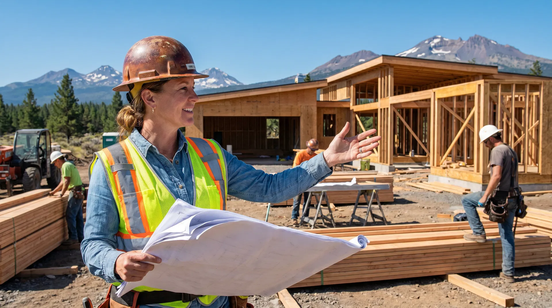 Female general contractor reviewing blueprints on an active construction site in Central Oregon with the Cascade Mountains in the background