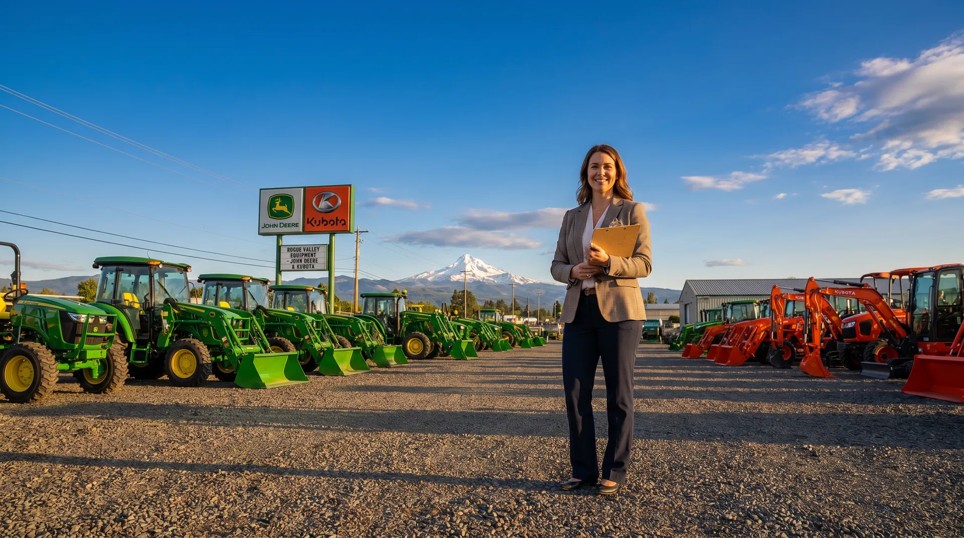 Professional insurance agent standing in front of a John Deere and Kubota tractor dealership lot in rural Oregon with the Cascade Mountains in the background