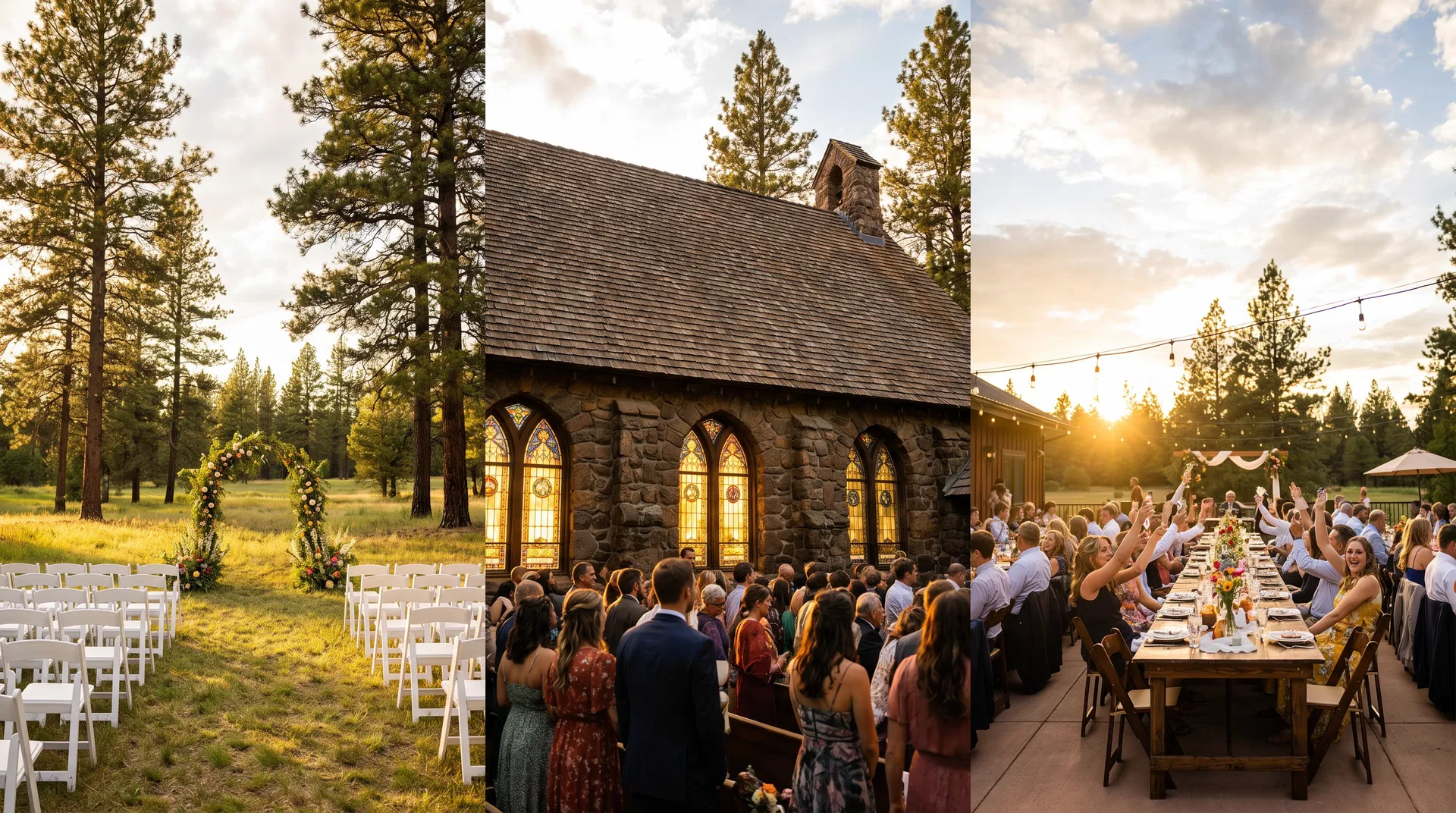 Outdoor wedding ceremony at a stone church in Central Oregon with ponderosa pines and a festive party dinner under string lights