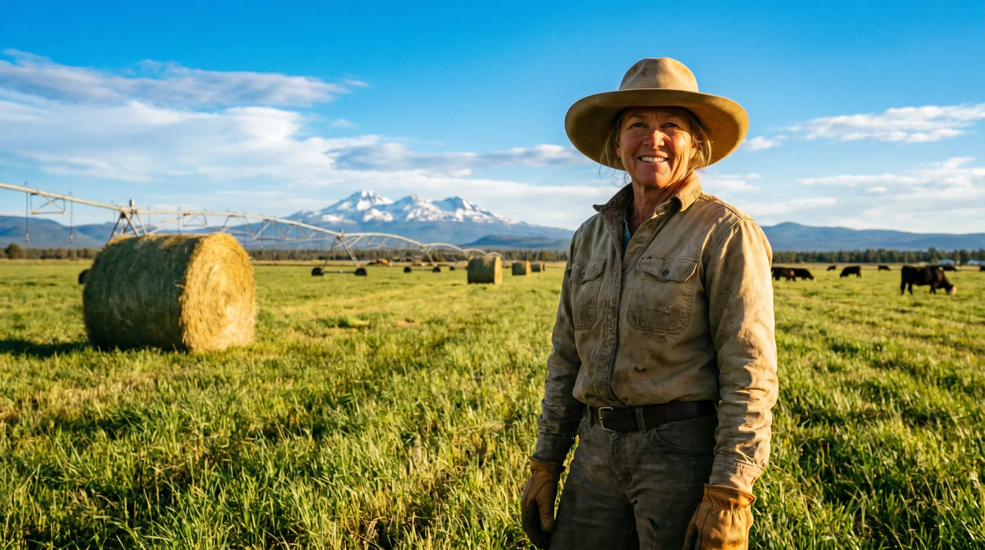 Female rancher in hay field with round bales, irrigation pivot, cattle, and Three Sisters mountains — Central Oregon agricultural insurance guide