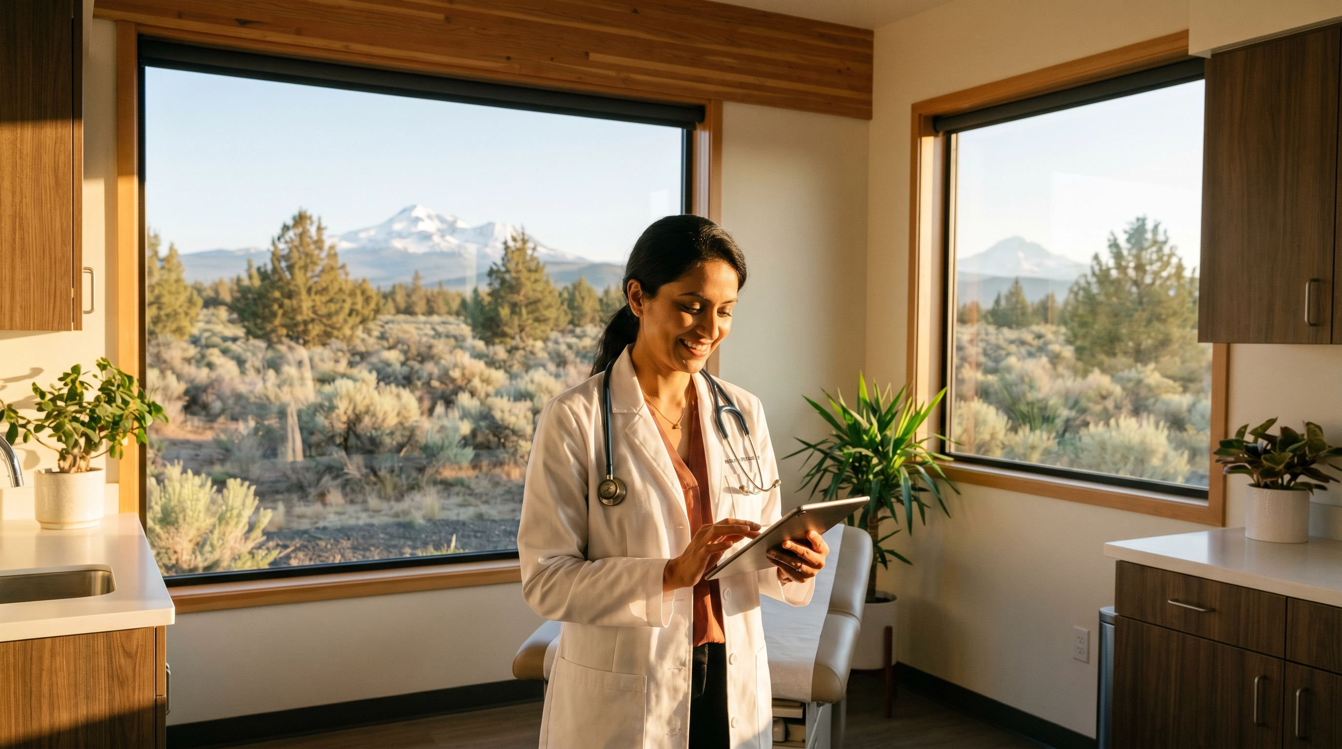 Female doctor reviewing patient chart on tablet in a bright rural clinic with Cascade Mountains visible through the windows — healthcare insurance guide Central Oregon