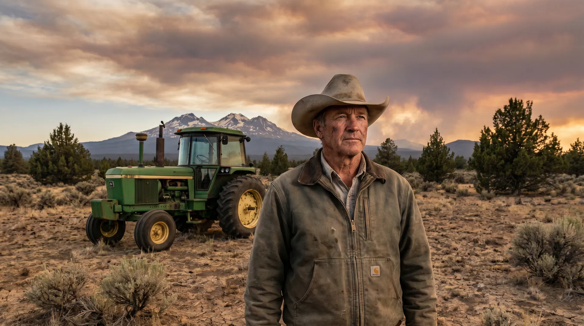 Central Oregon rancher standing in front of tractor with wildfire smoke on the horizon and Cascade Mountains in background — rural business insurance challenges 2026