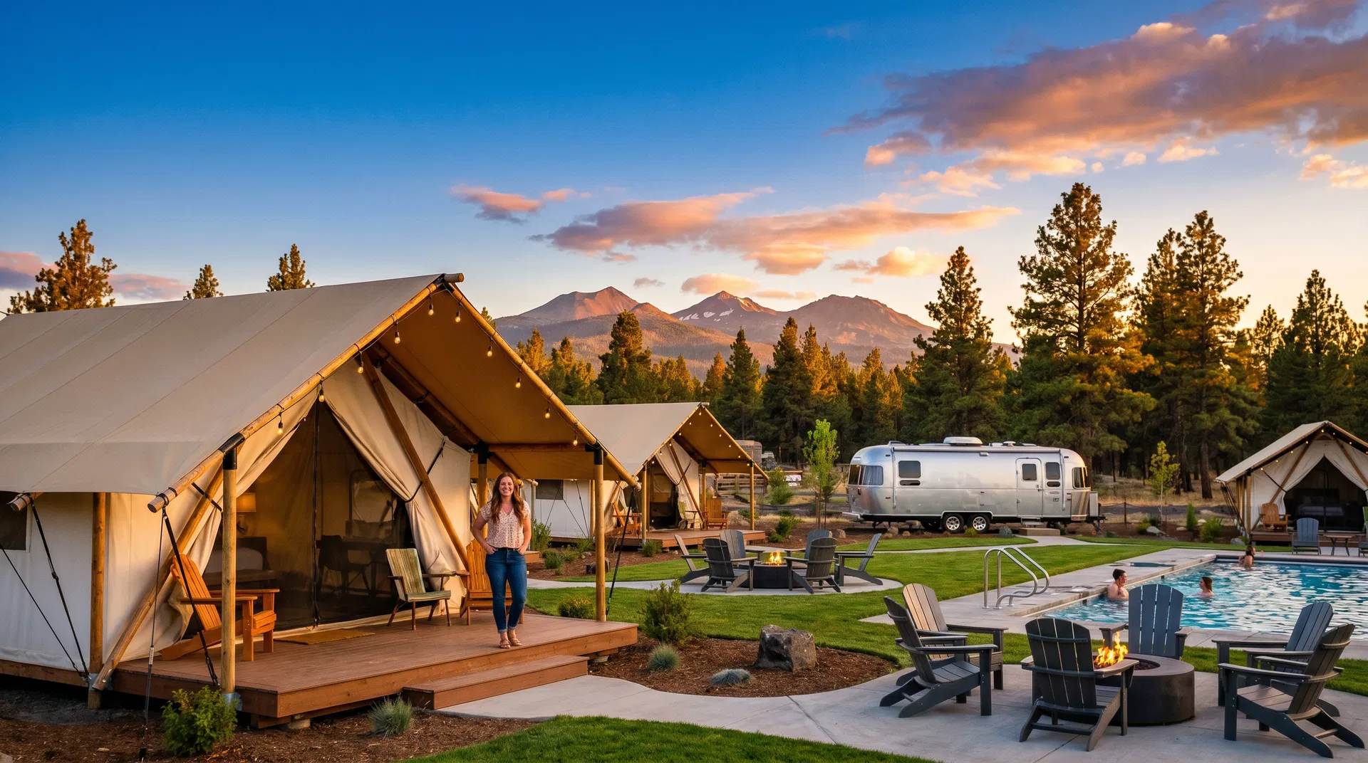 Luxury glamping resort in Central Oregon with canvas tents, fire pits, pool, and Cascade Mountains at sunset — RV park and campground insurance guide 2026