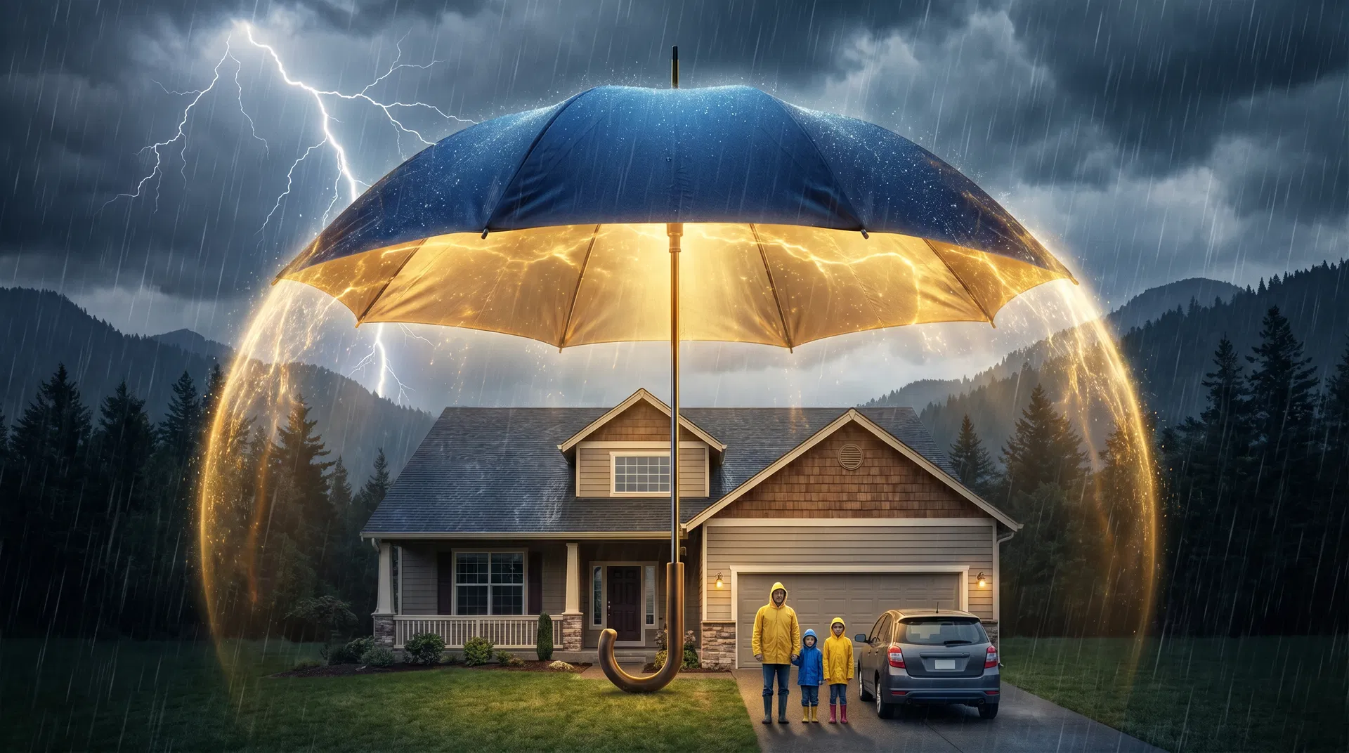 A glowing umbrella shields an Oregon family, home, and car from a storm — symbolizing umbrella insurance protection