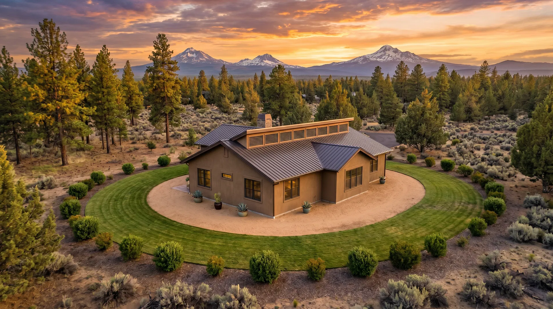 Aerial view of a Central Oregon home with excellent defensible space, metal roof, and Three Sisters peaks at golden sunset