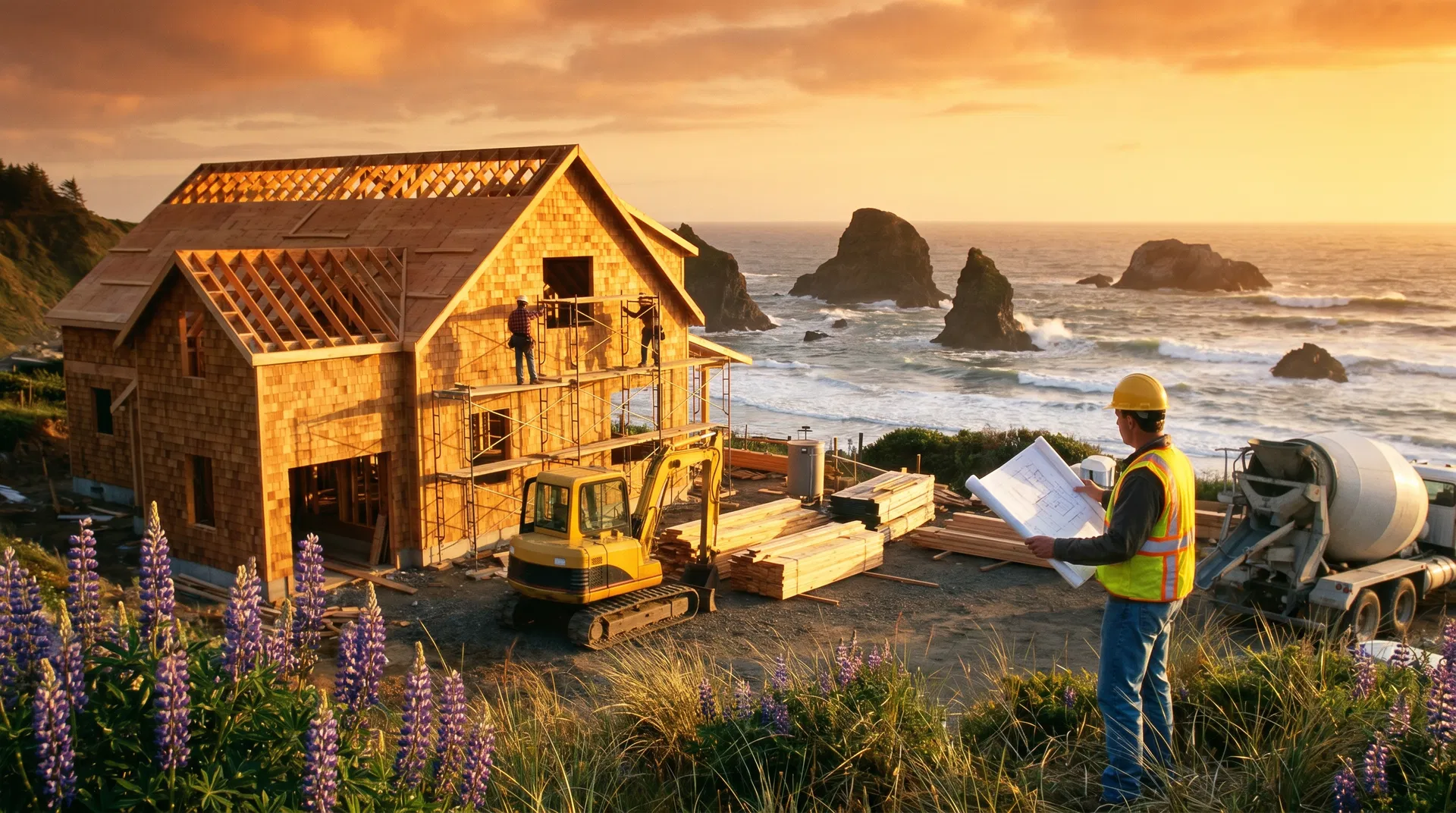 Oregon Coast contractor reviewing blueprints at coastal construction site — Gerald Ross Agency