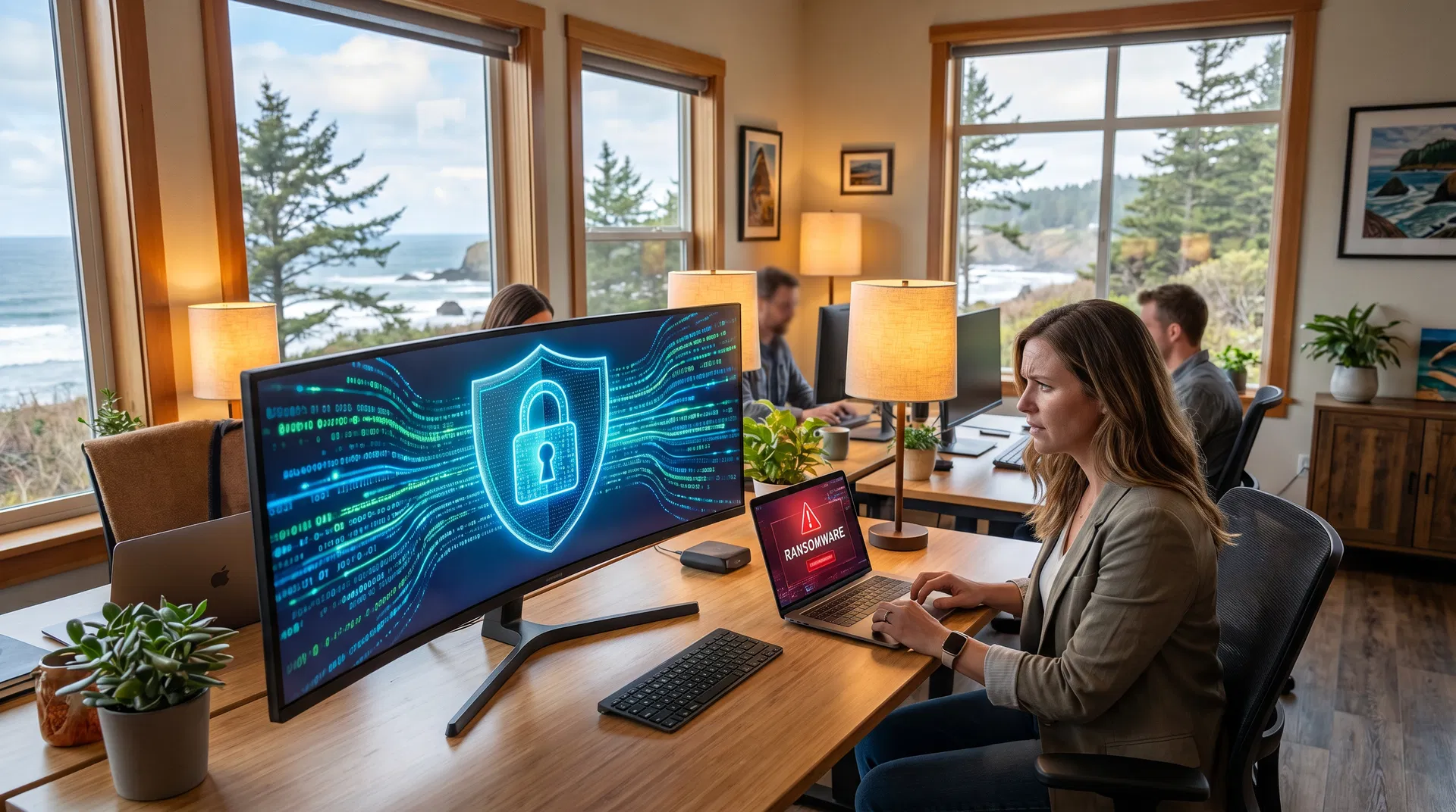 Oregon Coast small business office with cybersecurity shield on monitor and ransomware alert on laptop