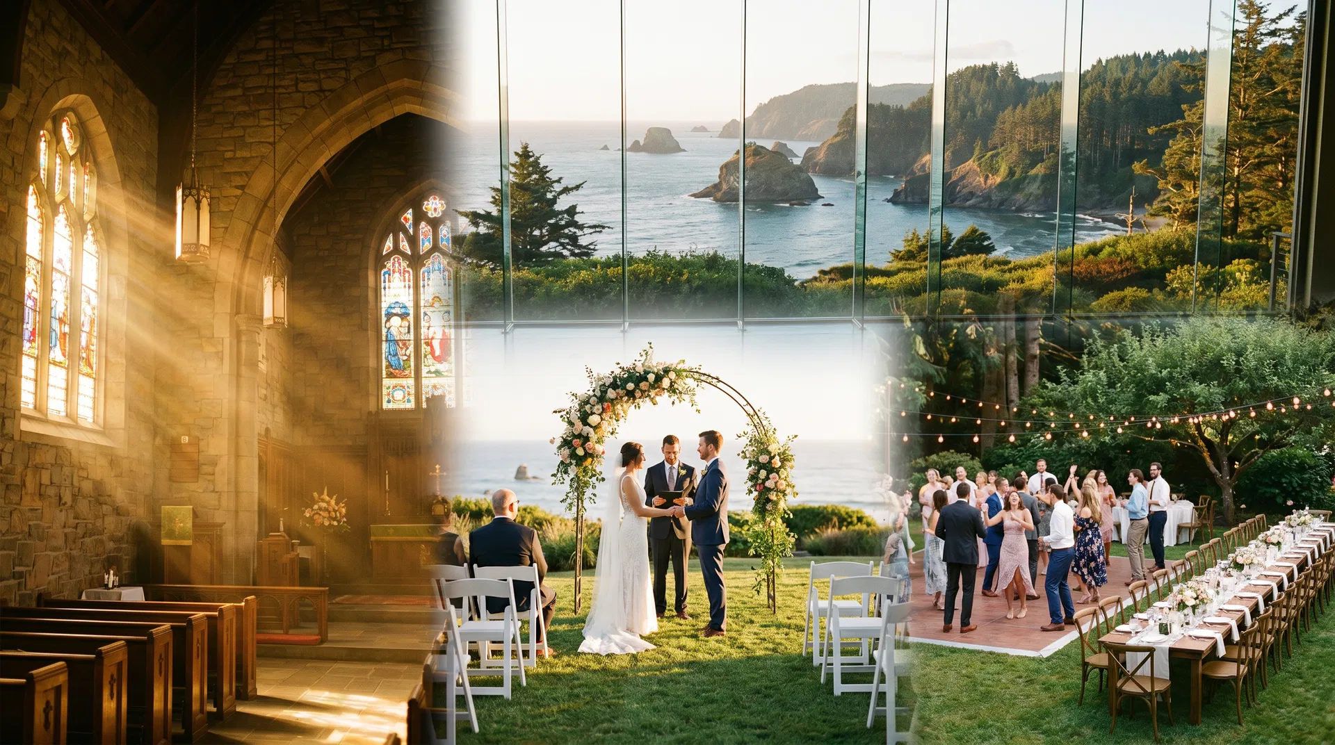 Church interior, outdoor Oregon Coast wedding ceremony, and garden party — insurance for religious organizations, weddings, and private parties