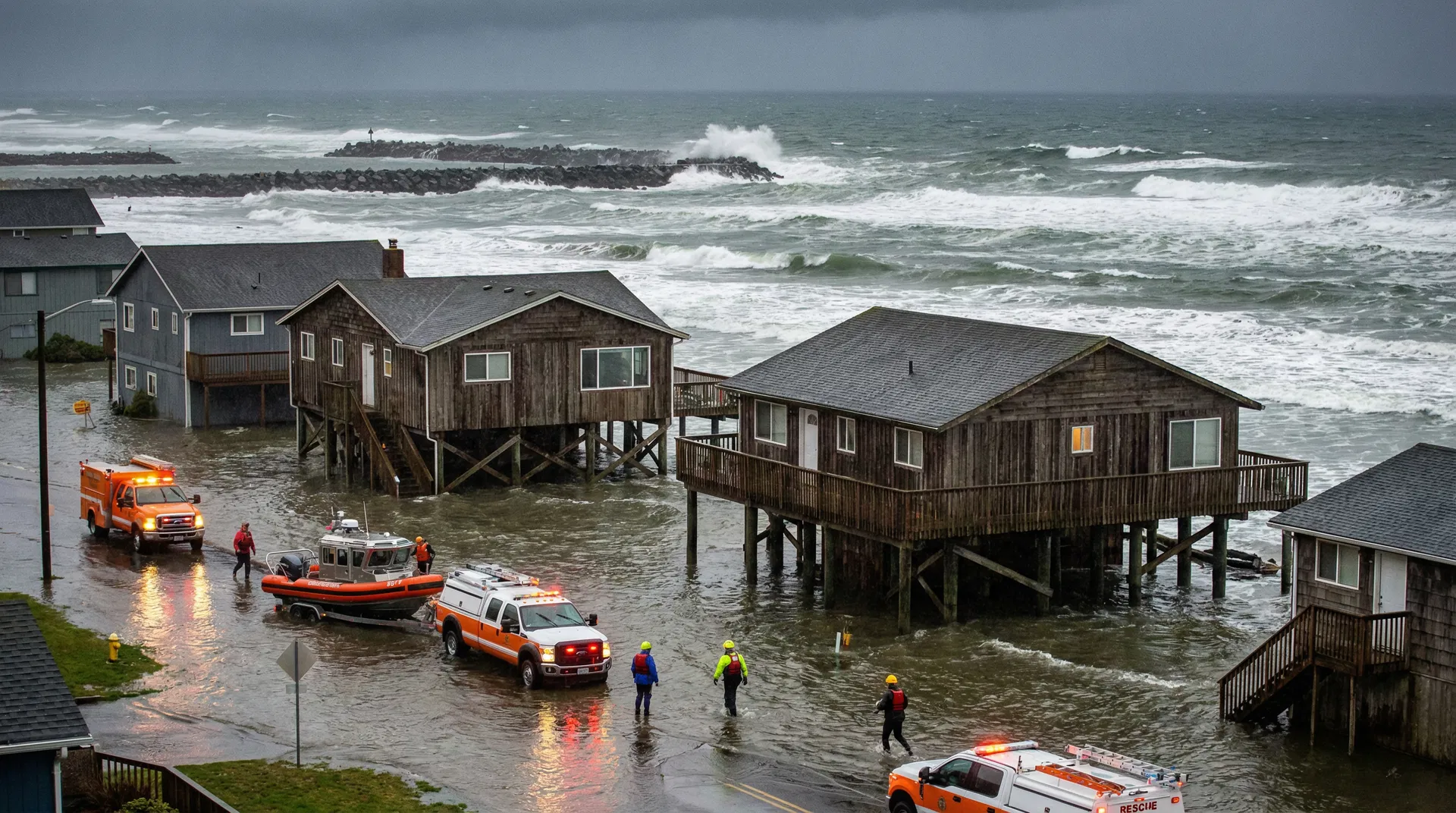 Flooded Oregon Coast river near residential area
