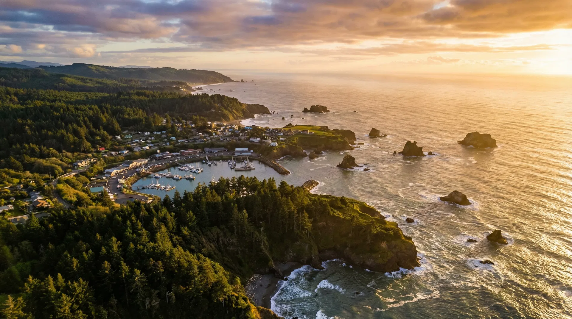 Aerial view of Brookings, Oregon harbor and the southern Oregon Coast at golden hour